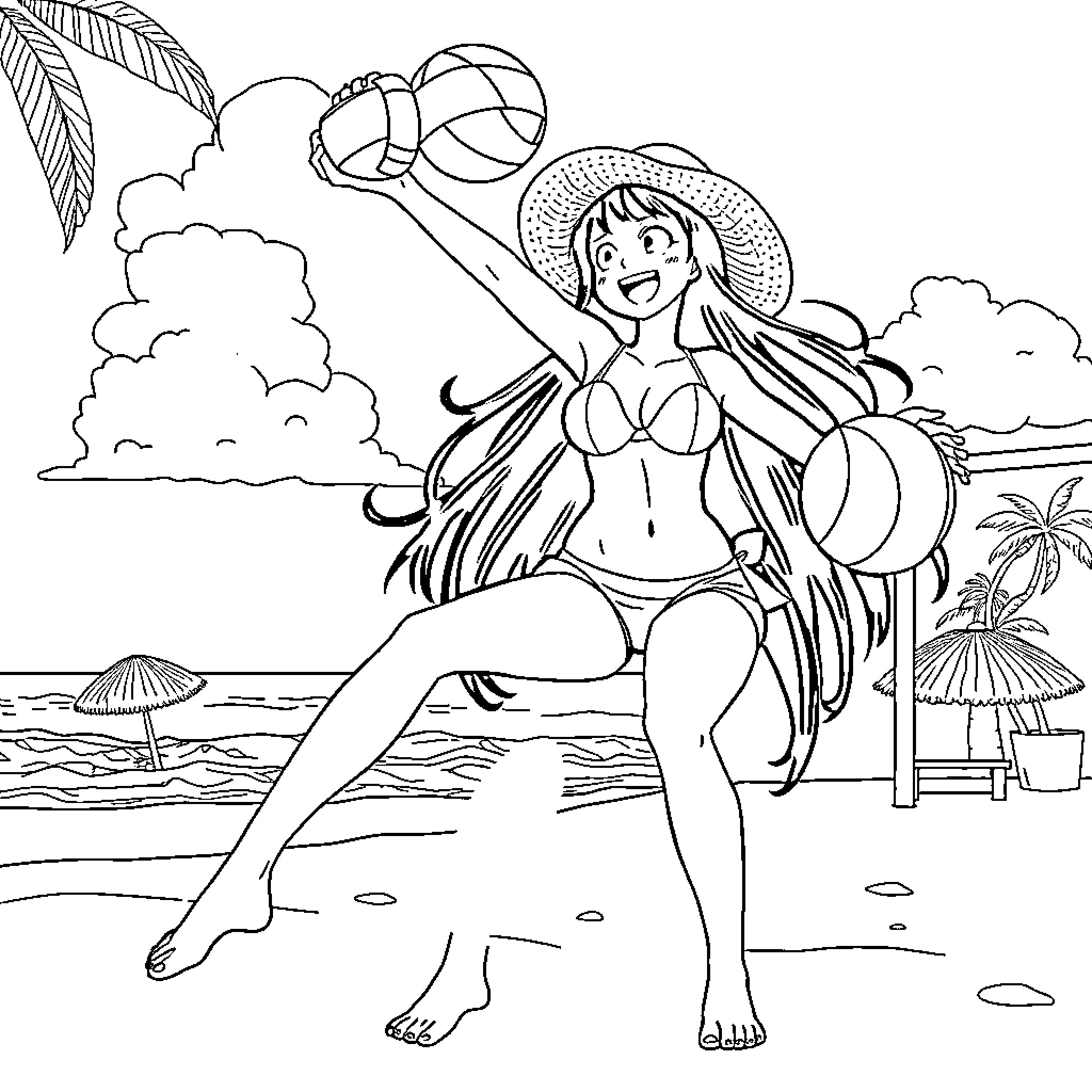 Nico Robin enjoying a day at the beach Coloring Page (free black-and-white line drawing printable PDF for all, from beginners to advanced learners, including children, teens, adults, and seniors)