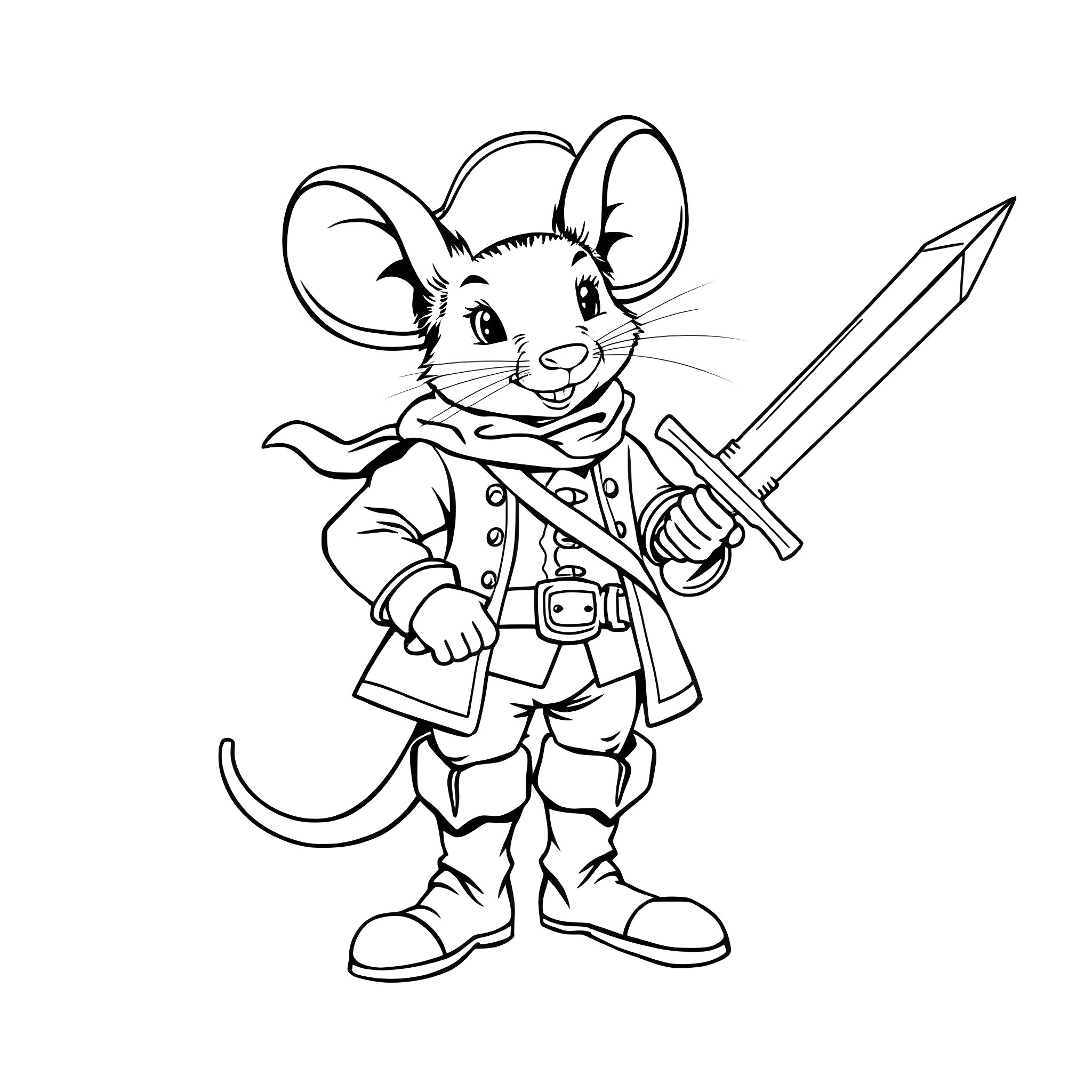 Mouse warrior with sword and armor Coloring Page (free black-and-white line drawing printable PDF for all, from beginners to advanced learners, including children, teens, adults, and seniors)