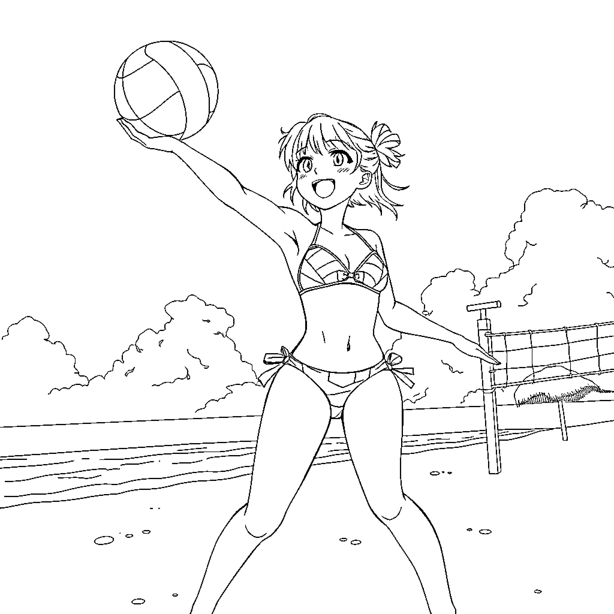 Anime Girl Playing Volleyball on Beach Coloring Page (free black-and-white line drawing printable PDF for all, from beginners to advanced learners, including children, teens, adults, and seniors)