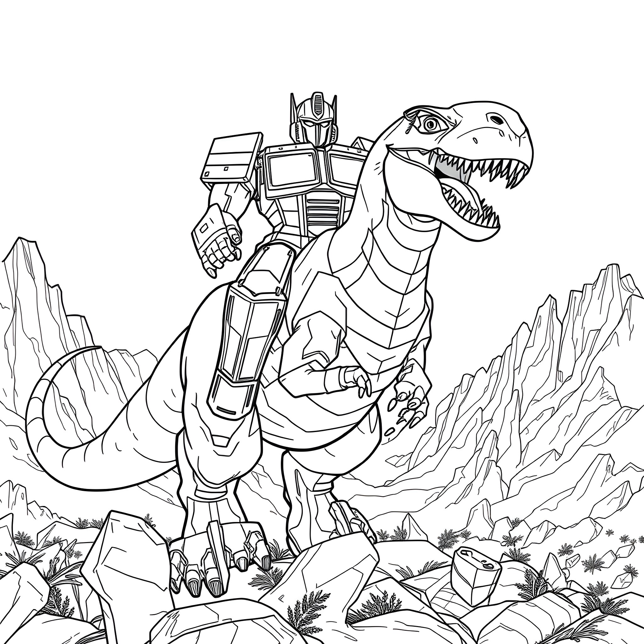 Optimus Prime riding a fierce Tyrannosaurus Rex Coloring Page (free black-and-white line drawing printable PDF for all, from beginners to advanced learners, including children, teens, adults, and seniors)