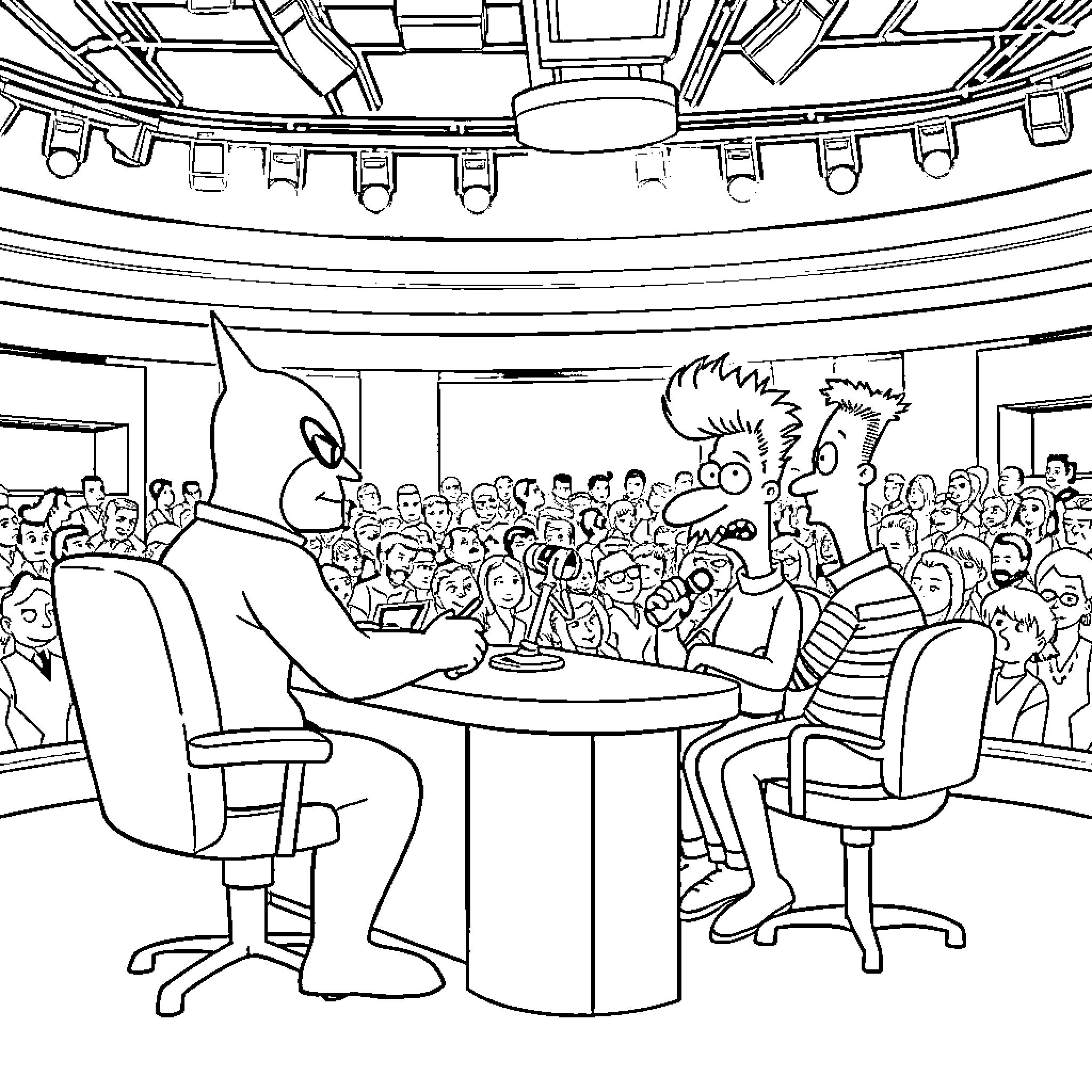 Space Ghost hosts a TV talk show with guests Coloring Page (free black-and-white line drawing printable PDF for all, from beginners to advanced learners, including children, teens, adults, and seniors)