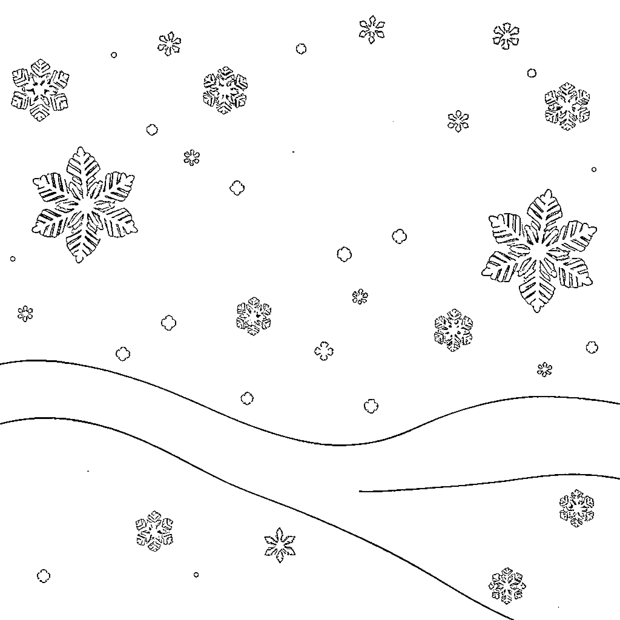 Snowflake winter scene with scattered flakes Coloring Page (free black-and-white line drawing printable PDF for all, from beginners to advanced learners, including children, teens, adults, and seniors)