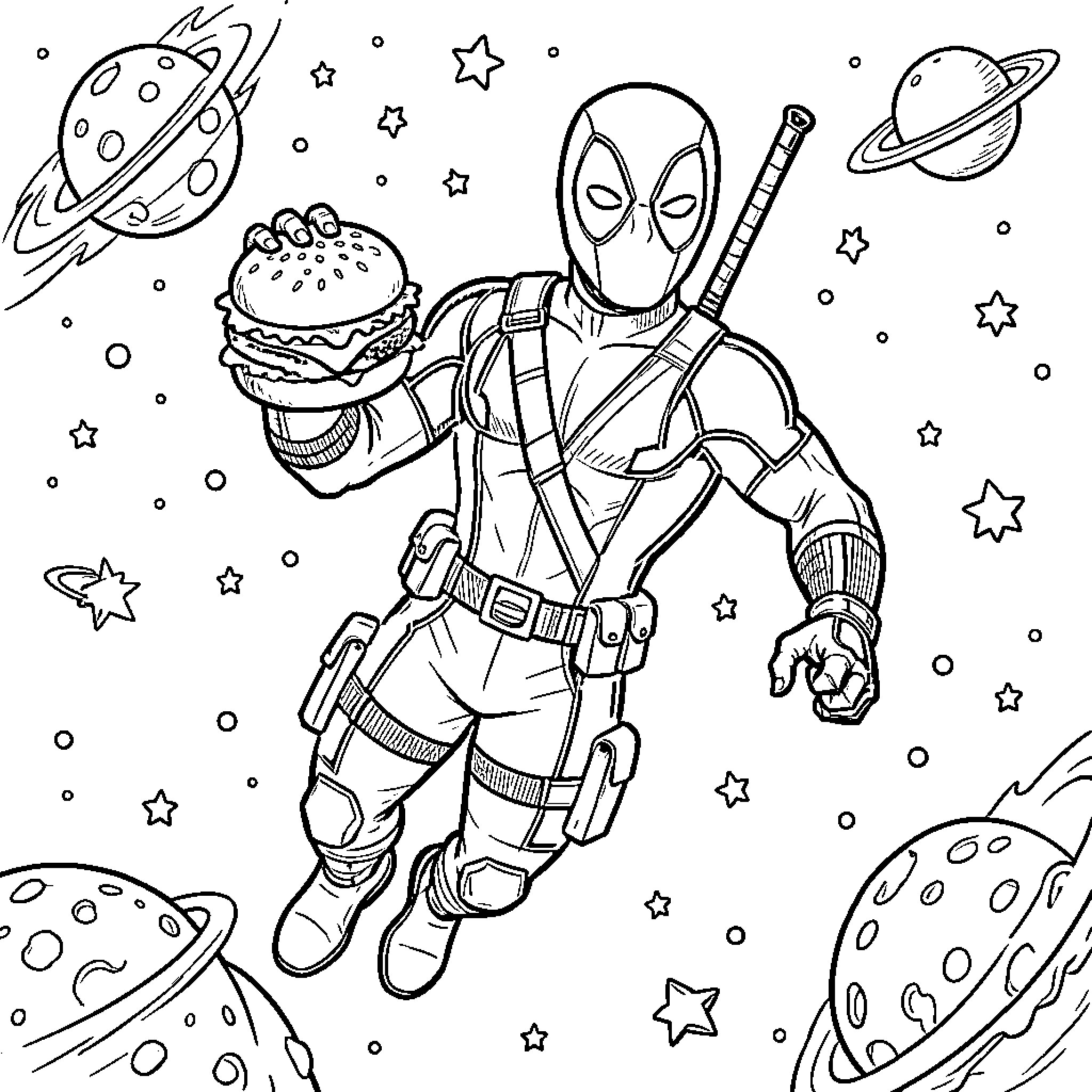 Deadpool's Cosmic Culinary Adventure Coloring Page (free black-and-white line drawing printable PDF for all, from beginners to advanced learners, including children, teens, adults, and seniors)