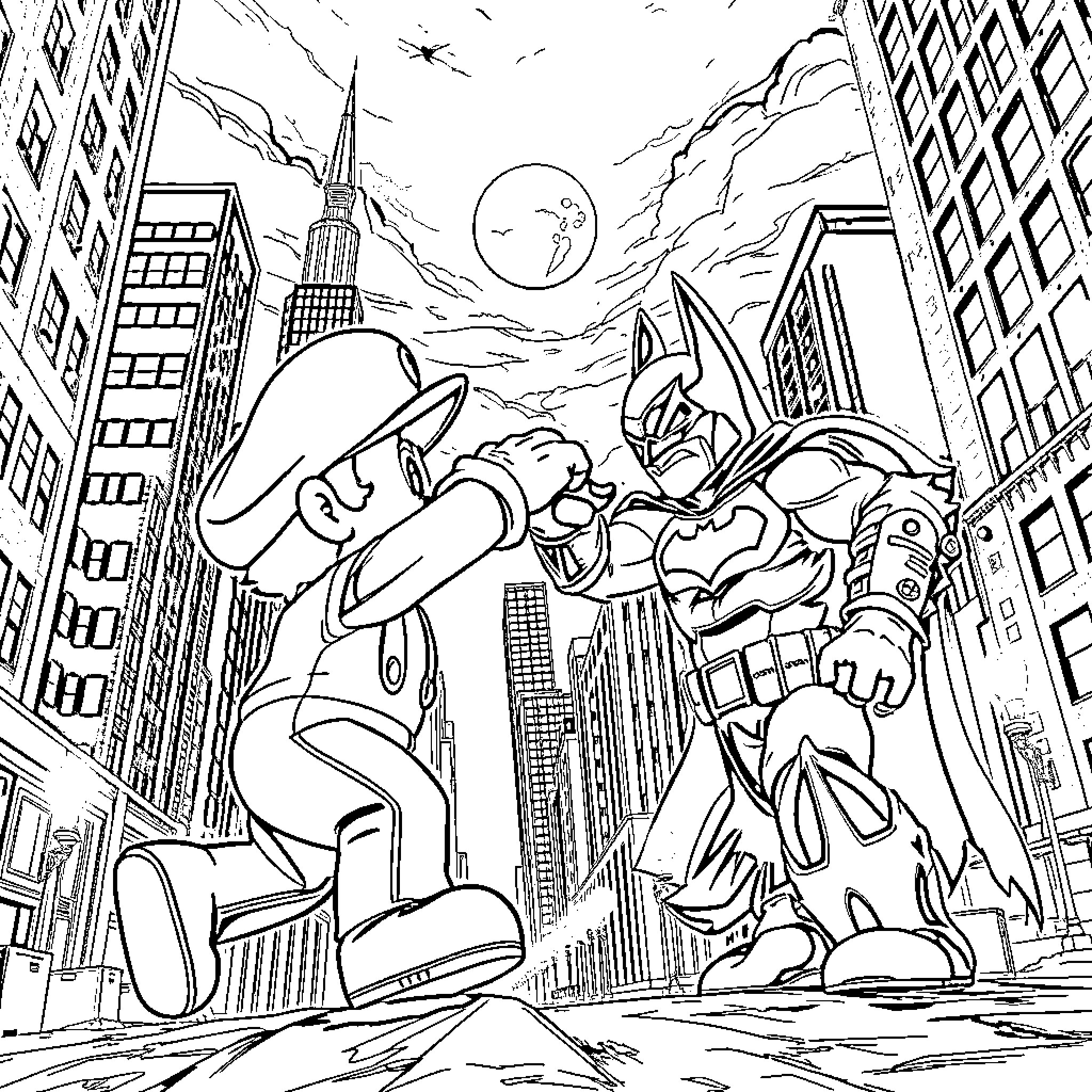 Mario's Epic Showdown with a Heroic Sidekick in the City Coloring Page (free black-and-white line drawing printable PDF for all, from beginners to advanced learners, including children, teens, adults, and seniors)