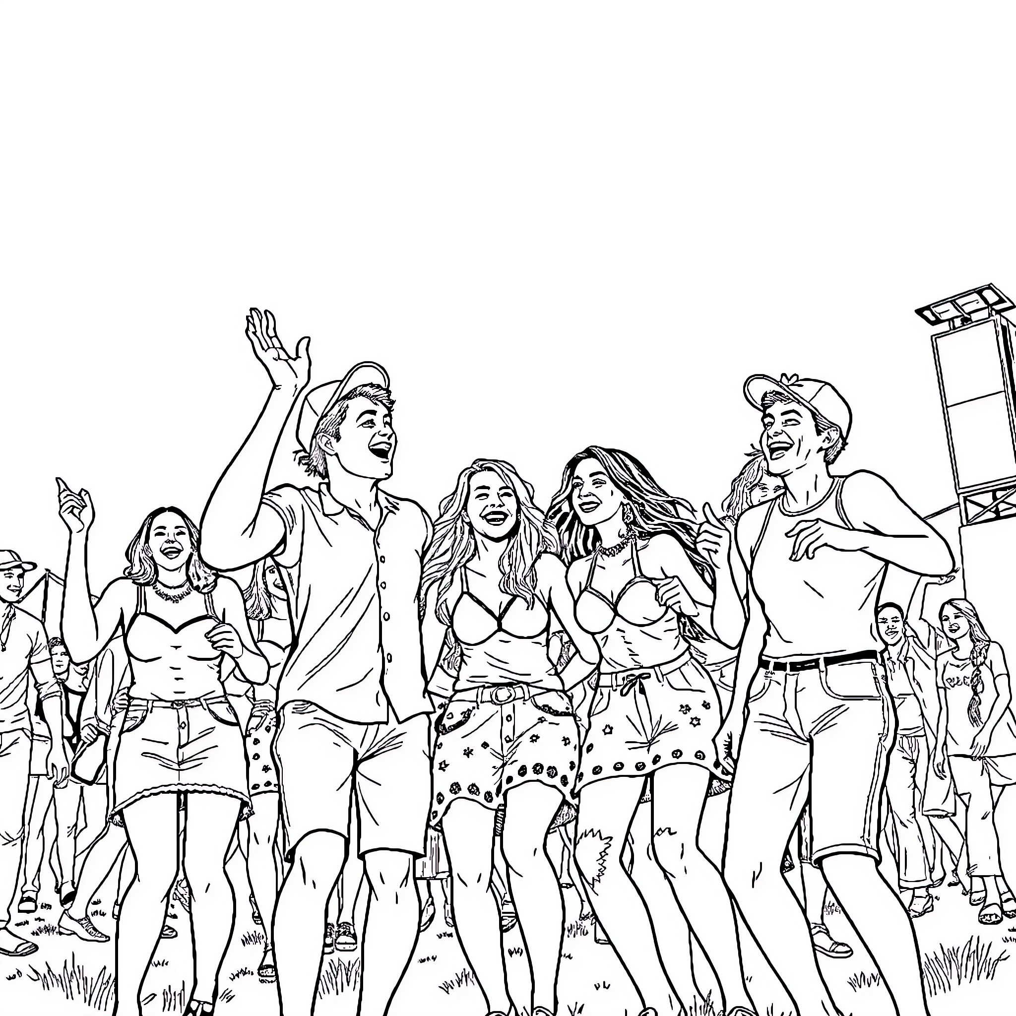Friend's Lively Gathering at the Festival Coloring Page (free black-and-white line drawing printable PDF for all, from beginners to advanced learners, including children, teens, adults, and seniors)