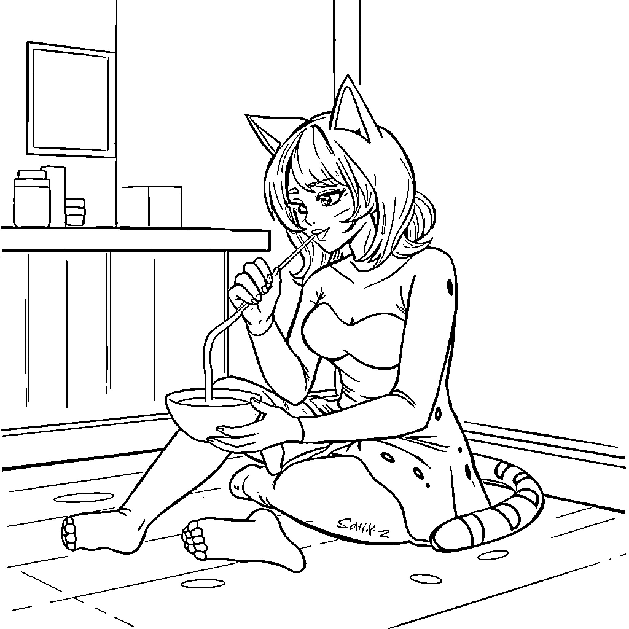 Woman sitting alone and contemplative in a room Coloring Page (free black-and-white line drawing printable PDF for all, from beginners to advanced learners, including children, teens, adults, and seniors)