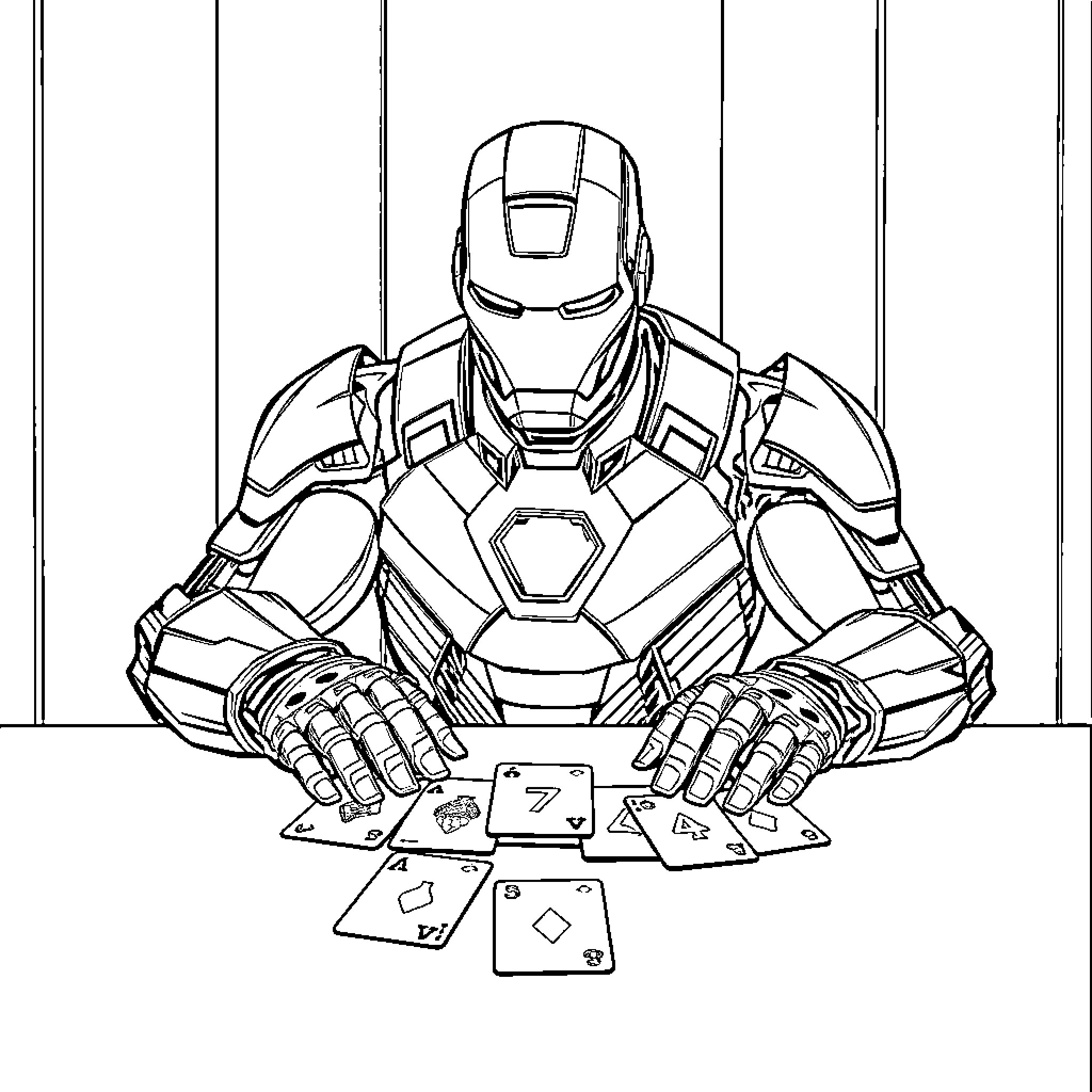 Iron Man Playing Card Games in Heroic Pose Coloring Page (free black-and-white line drawing printable PDF for all, from beginners to advanced learners, including children, teens, adults, and seniors)