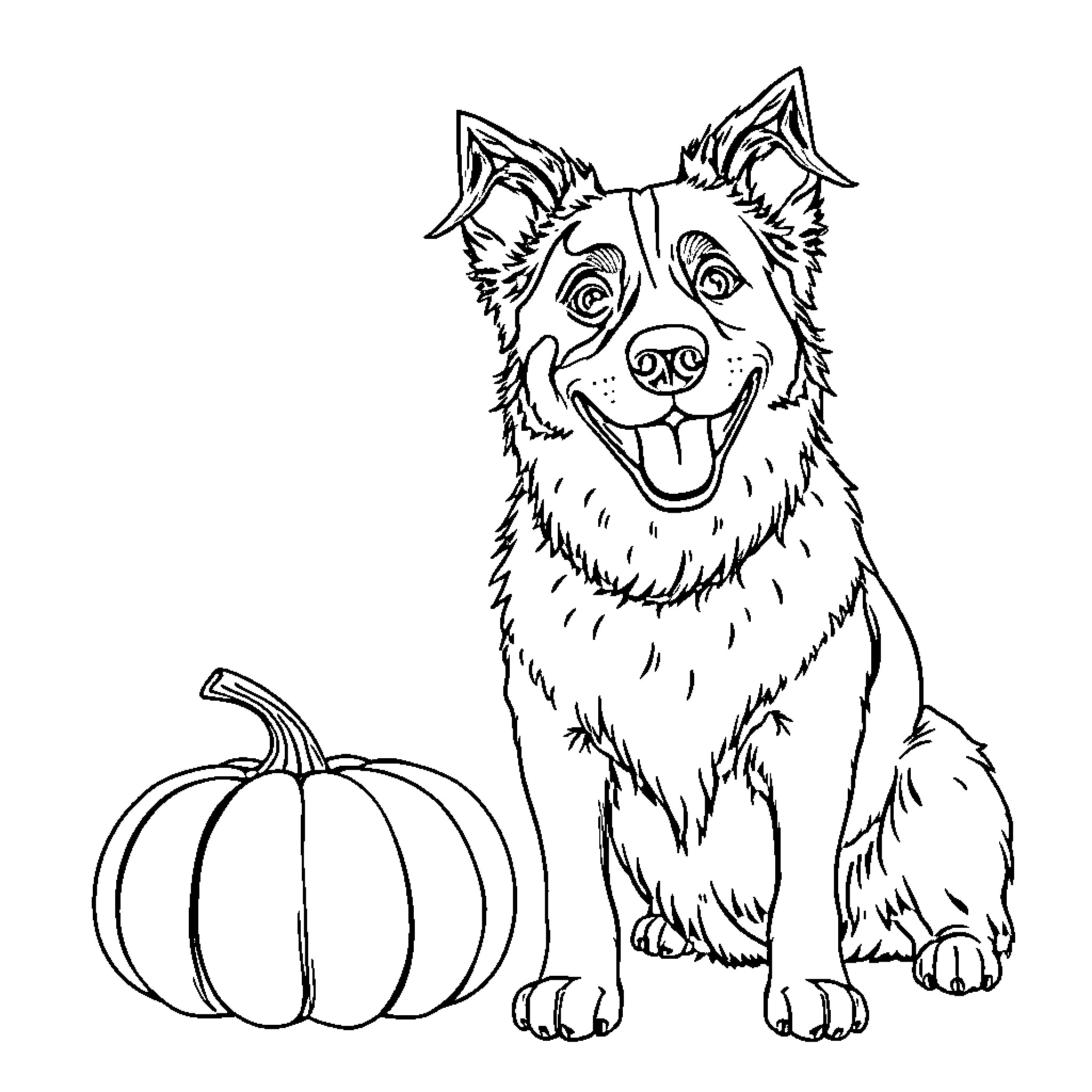 Dog sitting with a pumpkin Coloring Page (free black-and-white line drawing printable PDF for all, from beginners to advanced learners, including children, teens, adults, and seniors)