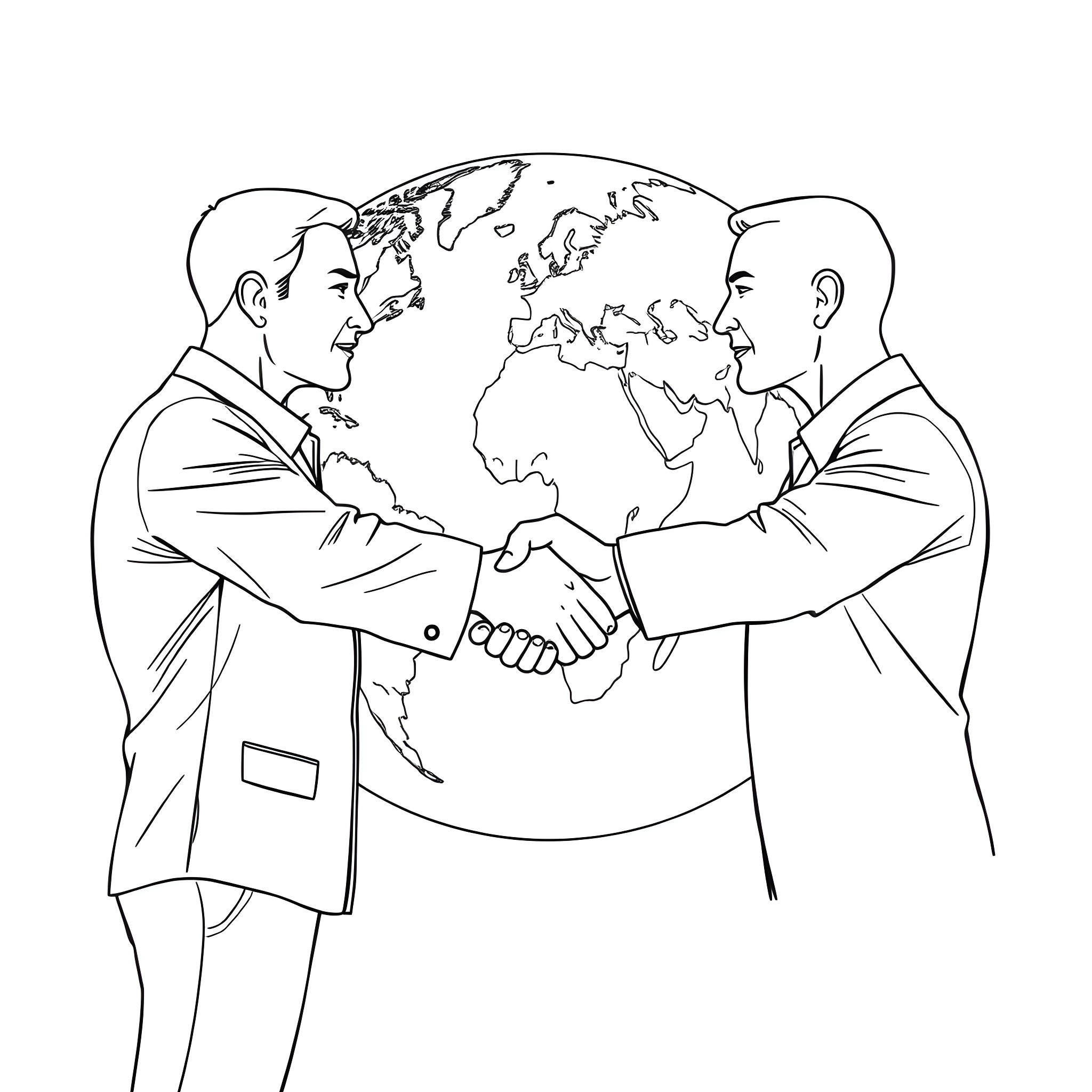 Handshake of business partners against global map Coloring Page (free black-and-white line drawing printable PDF for all, from beginners to advanced learners, including children, teens, adults, and seniors)