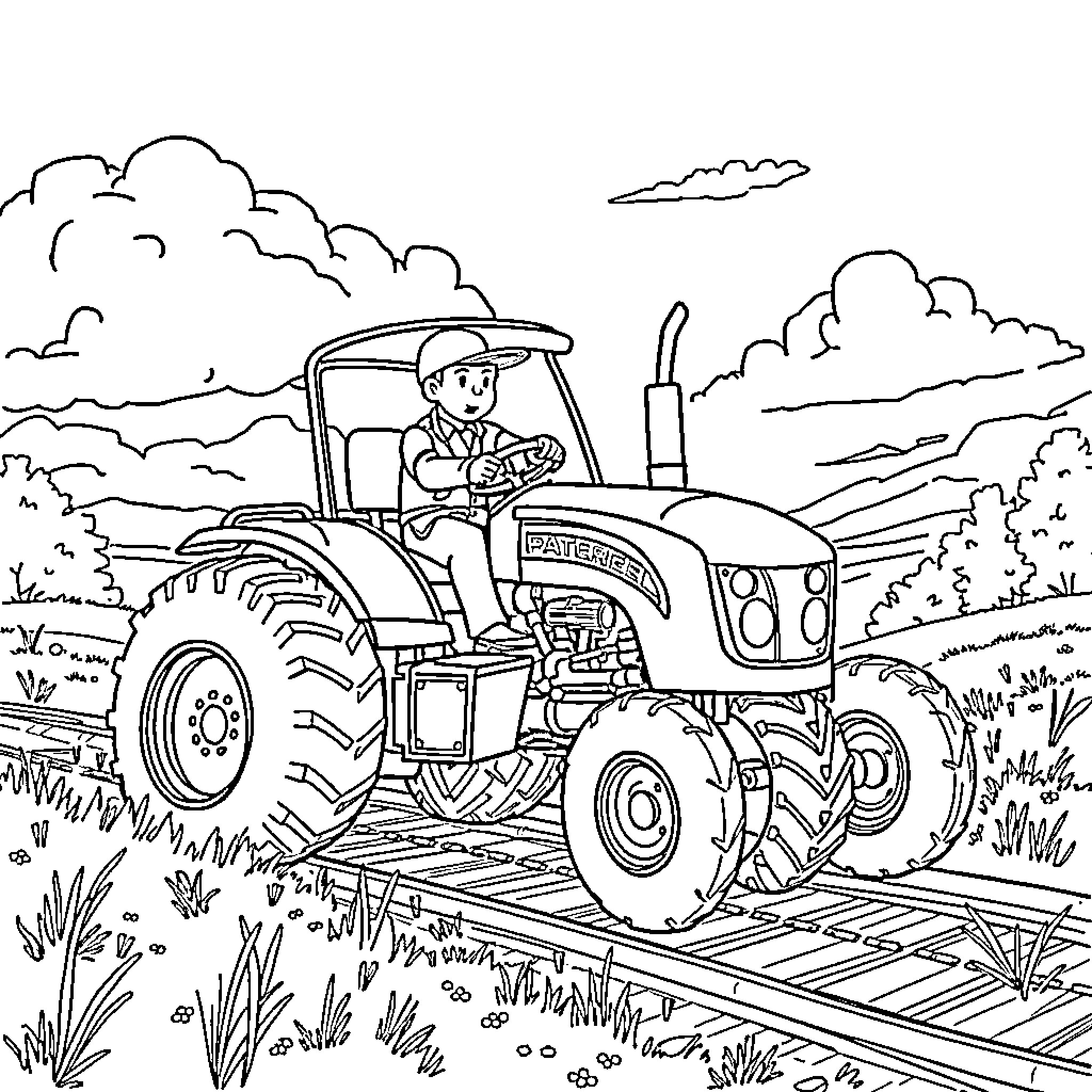 Marcus operating a tractor in the countryside Coloring Page (free black-and-white line drawing printable PDF for all, from beginners to advanced learners, including children, teens, adults, and seniors)