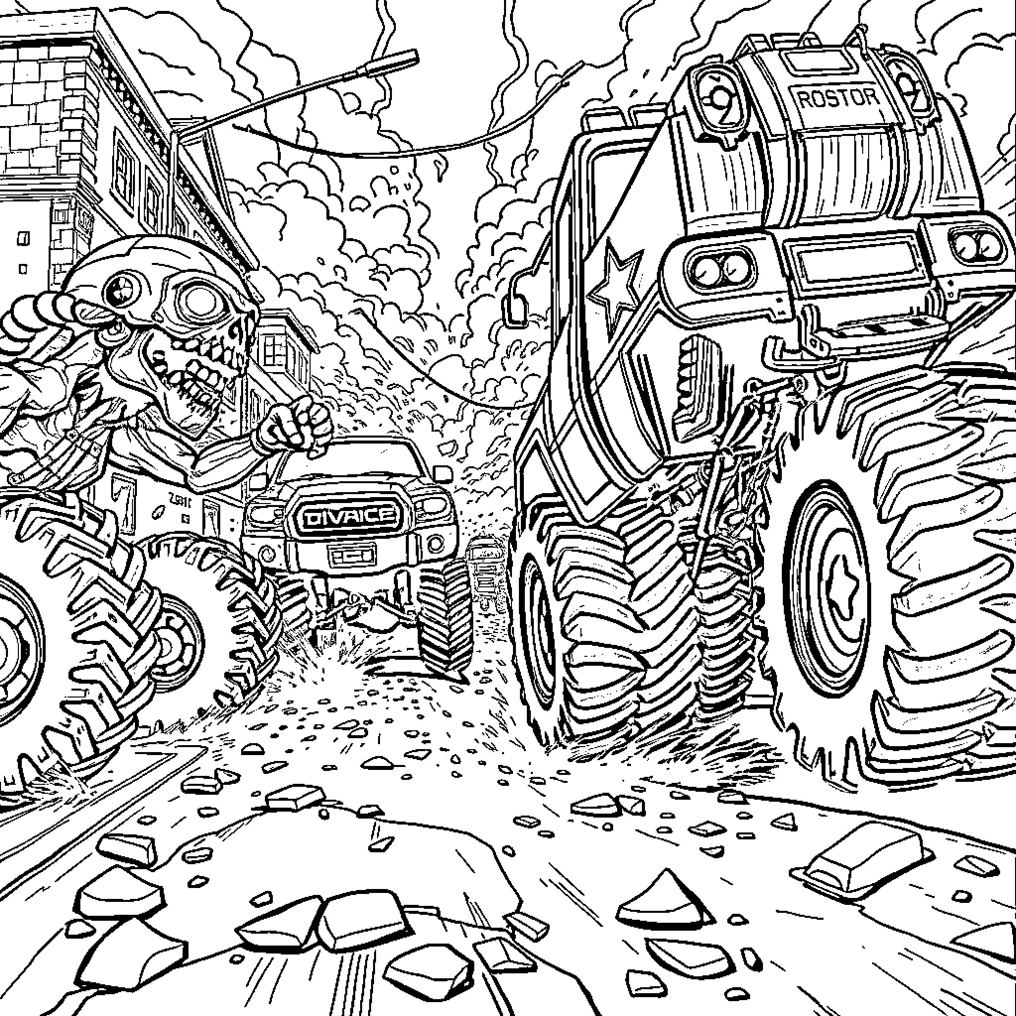Zombie Truck Crushing Undead in Post-Apocalyptic Chaos Coloring Page (free black-and-white line drawing printable PDF for all, from beginners to advanced learners, including children, teens, adults, and seniors)
