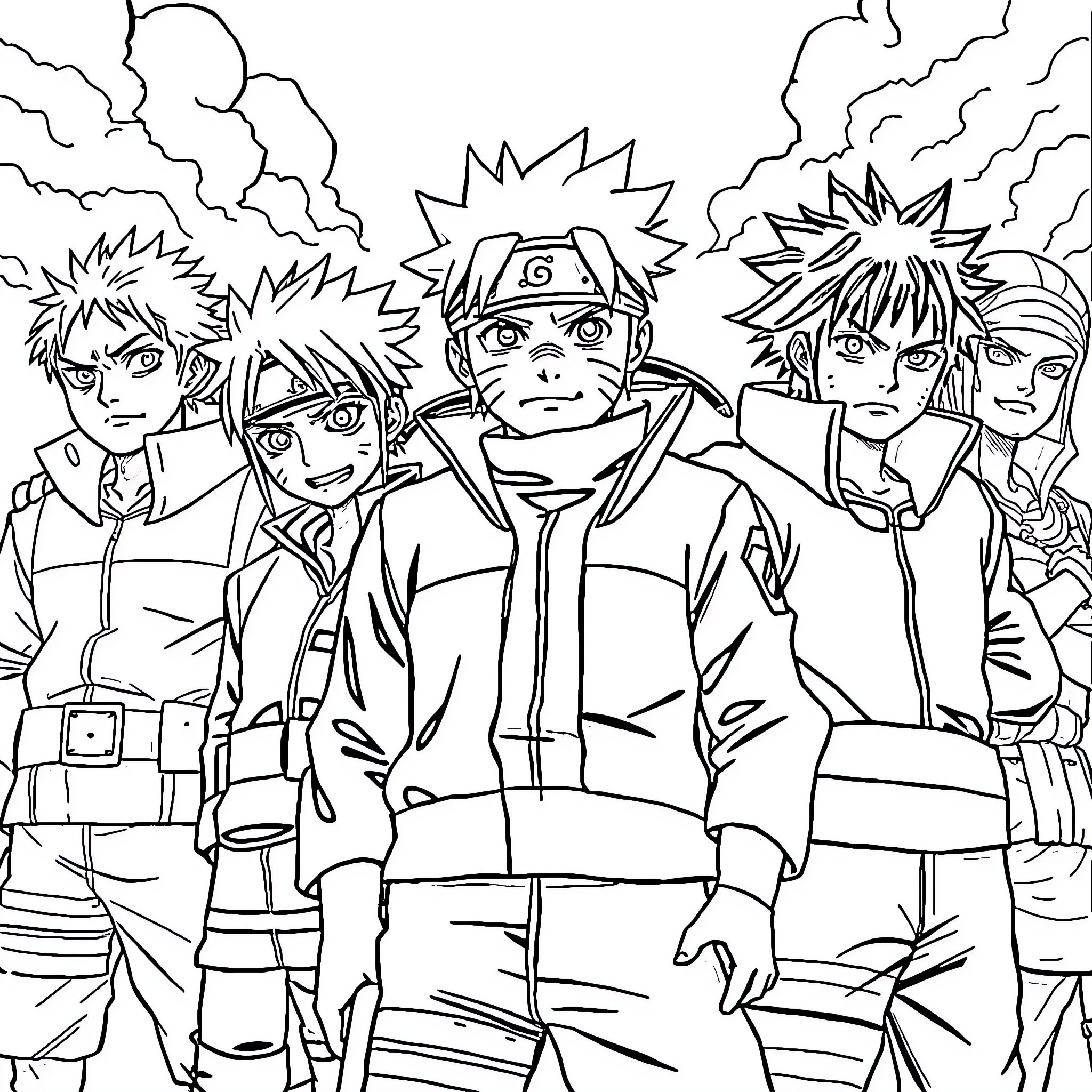 Naruto and Team in Action Poses Coloring Page (free black-and-white line drawing printable PDF for all, from beginners to advanced learners, including children, teens, adults, and seniors)