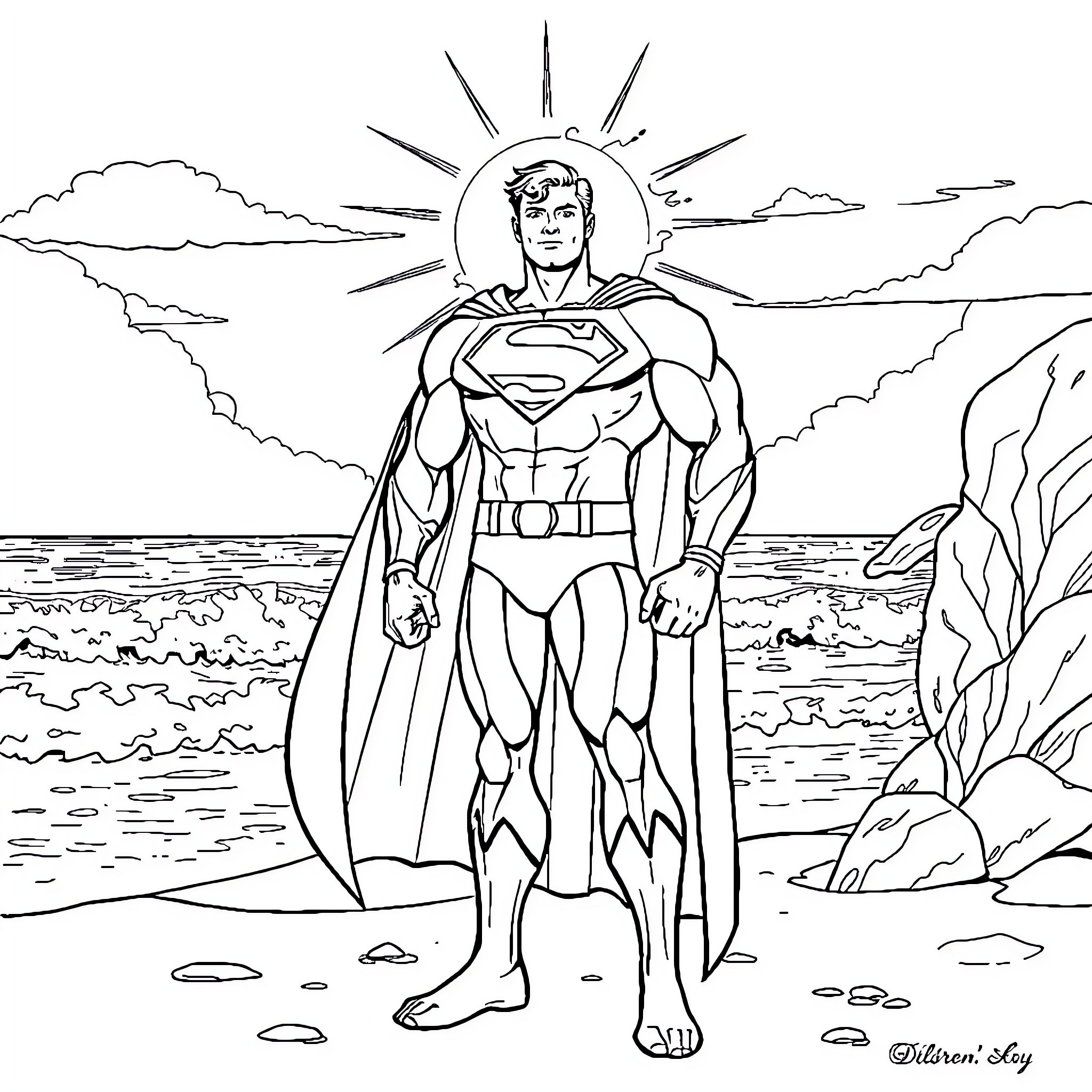 Superman standing tall in a heroic pose Coloring Page (free black-and-white line drawing printable PDF for all, from beginners to advanced learners, including children, teens, adults, and seniors)