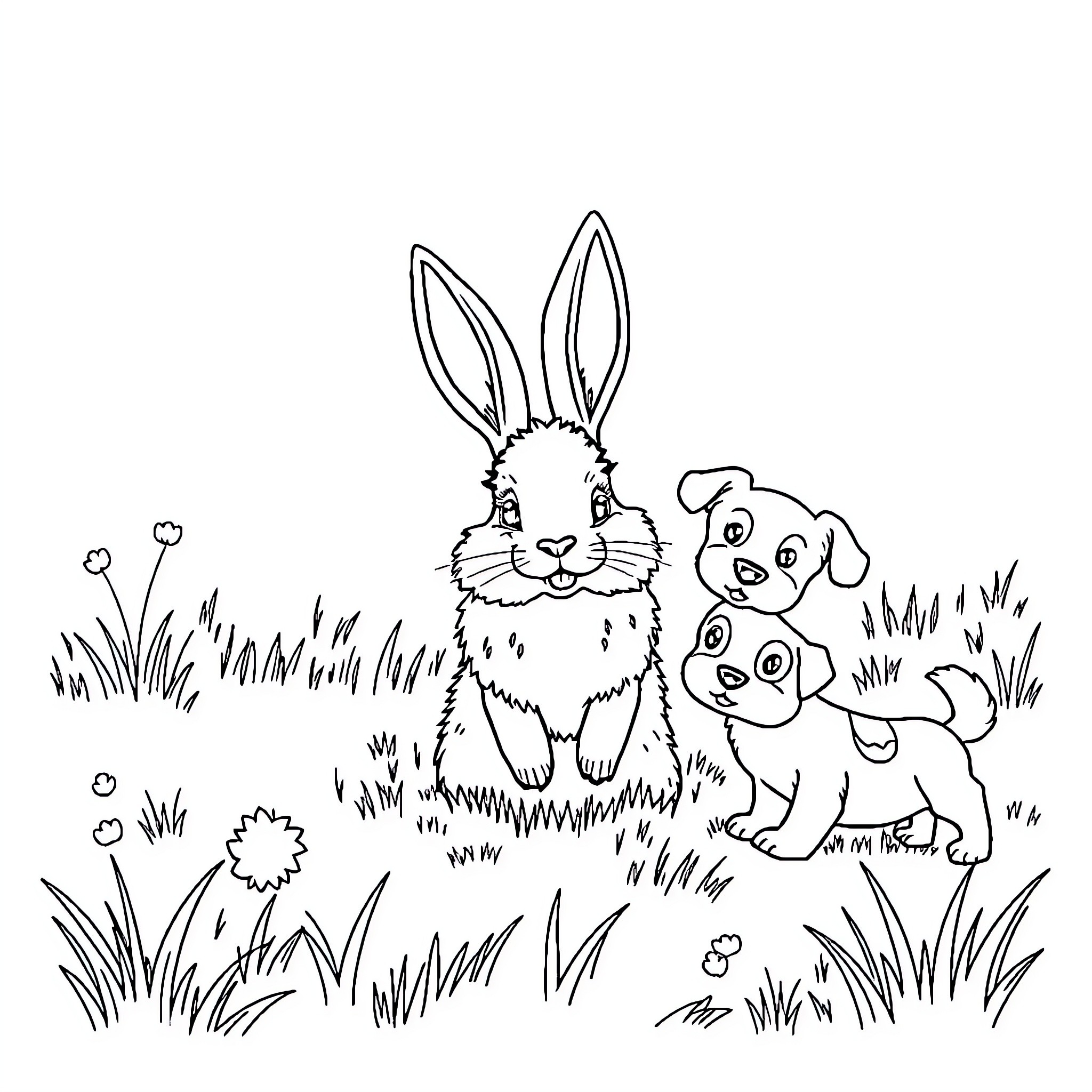 Rabbit and Puppy Playing in the Meadow Coloring Page (free black-and-white line drawing printable PDF for all, from beginners to advanced learners, including children, teens, adults, and seniors)