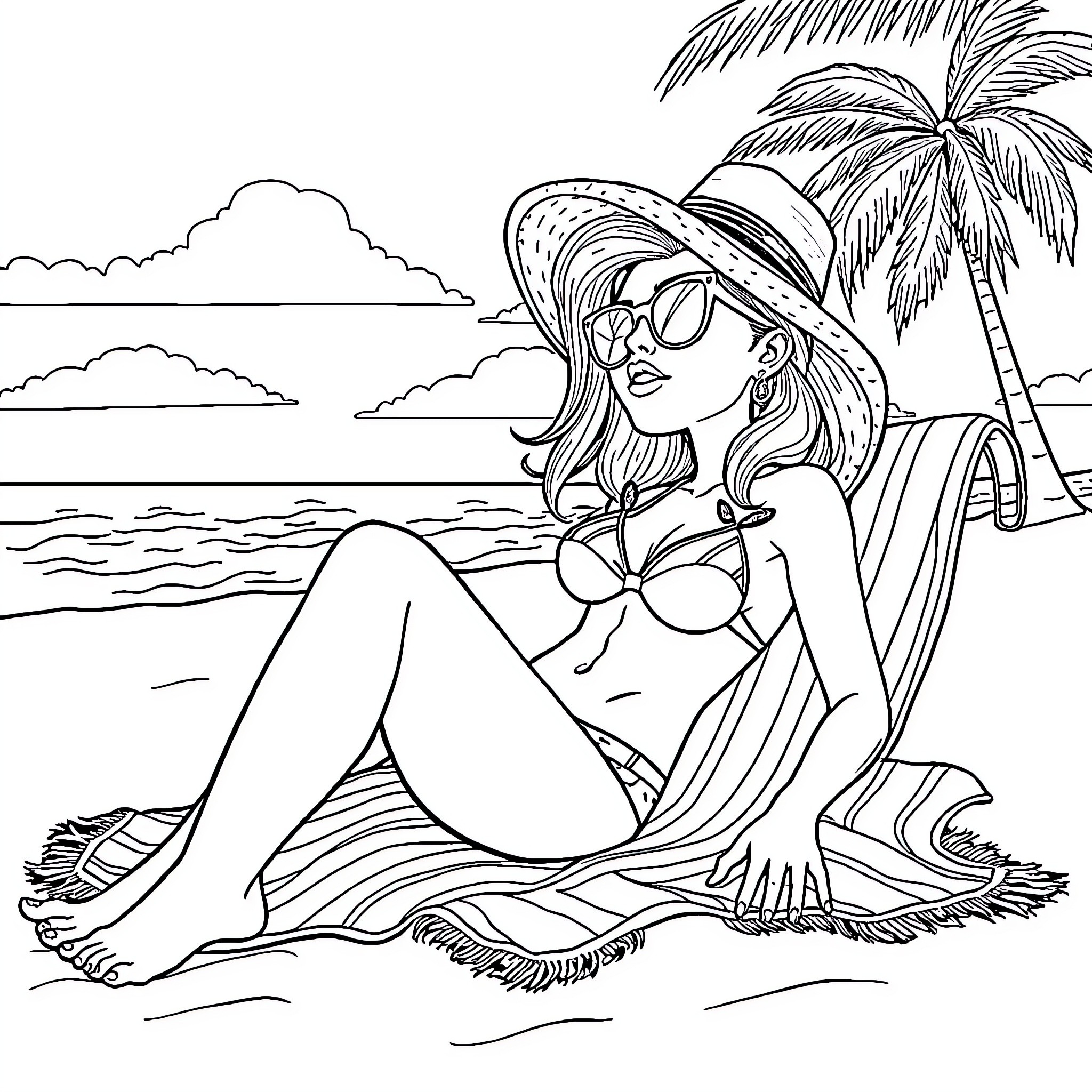 Violet Myers lounging on the beach in a bikini Coloring Page (free black-and-white line drawing printable PDF for all, from beginners to advanced learners, including children, teens, adults, and seniors)