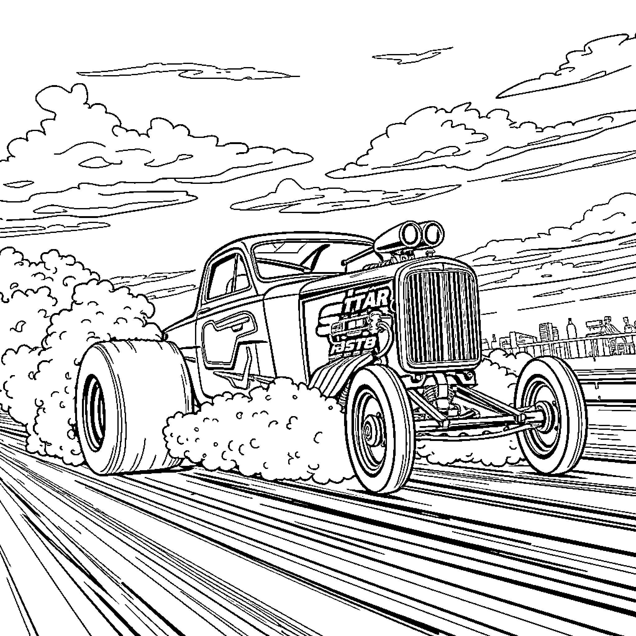 Dragster racing down the track in a blaze of action Coloring Page (free black-and-white line drawing printable PDF for all, from beginners to advanced learners, including children, teens, adults, and seniors)