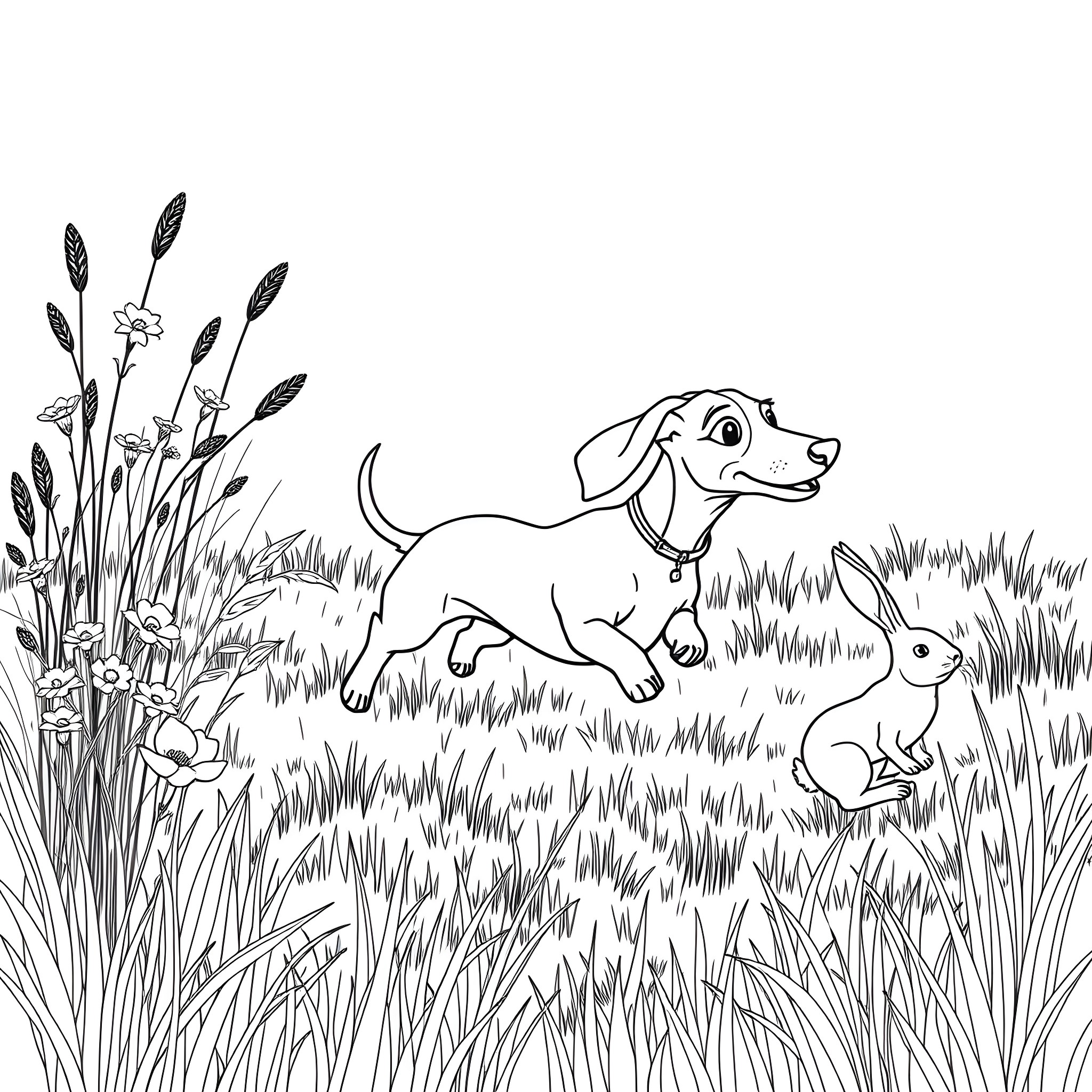 Dachshund chasing rabbits in a grassy field Coloring Page (free black-and-white line drawing printable PDF for all, from beginners to advanced learners, including children, teens, adults, and seniors)