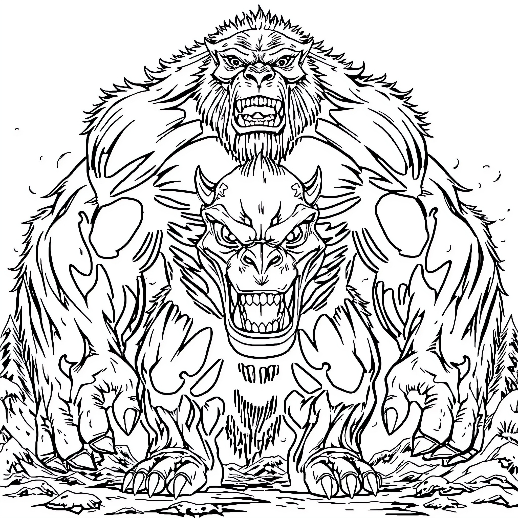 Mackogneur's Ferocious Beasts in the Wilderness Coloring Page (free black-and-white line drawing printable PDF for all, from beginners to advanced learners, including children, teens, adults, and seniors)