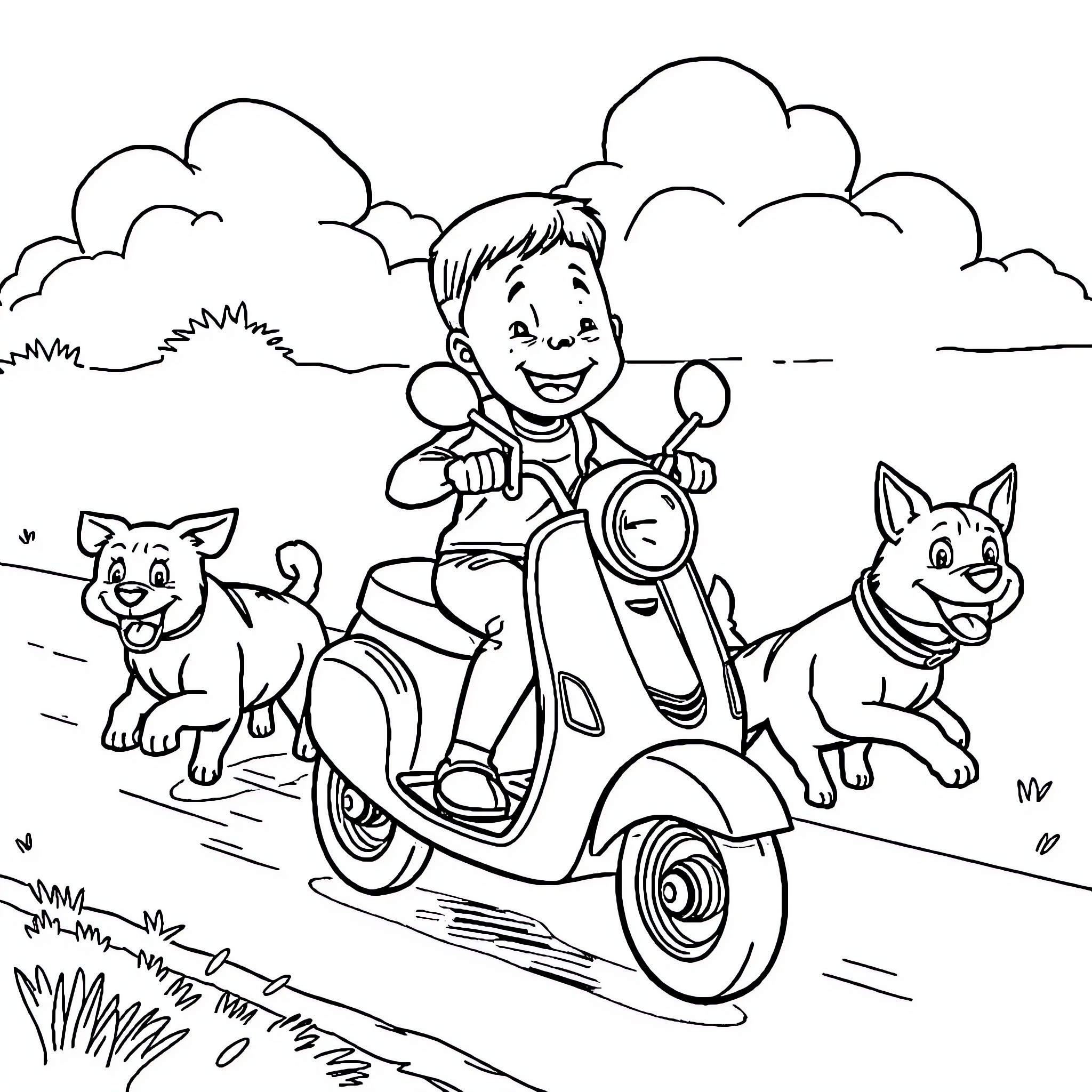 Child riding scooter with happy dogs Coloring Page (free black-and-white line drawing printable PDF for all, from beginners to advanced learners, including children, teens, adults, and seniors)