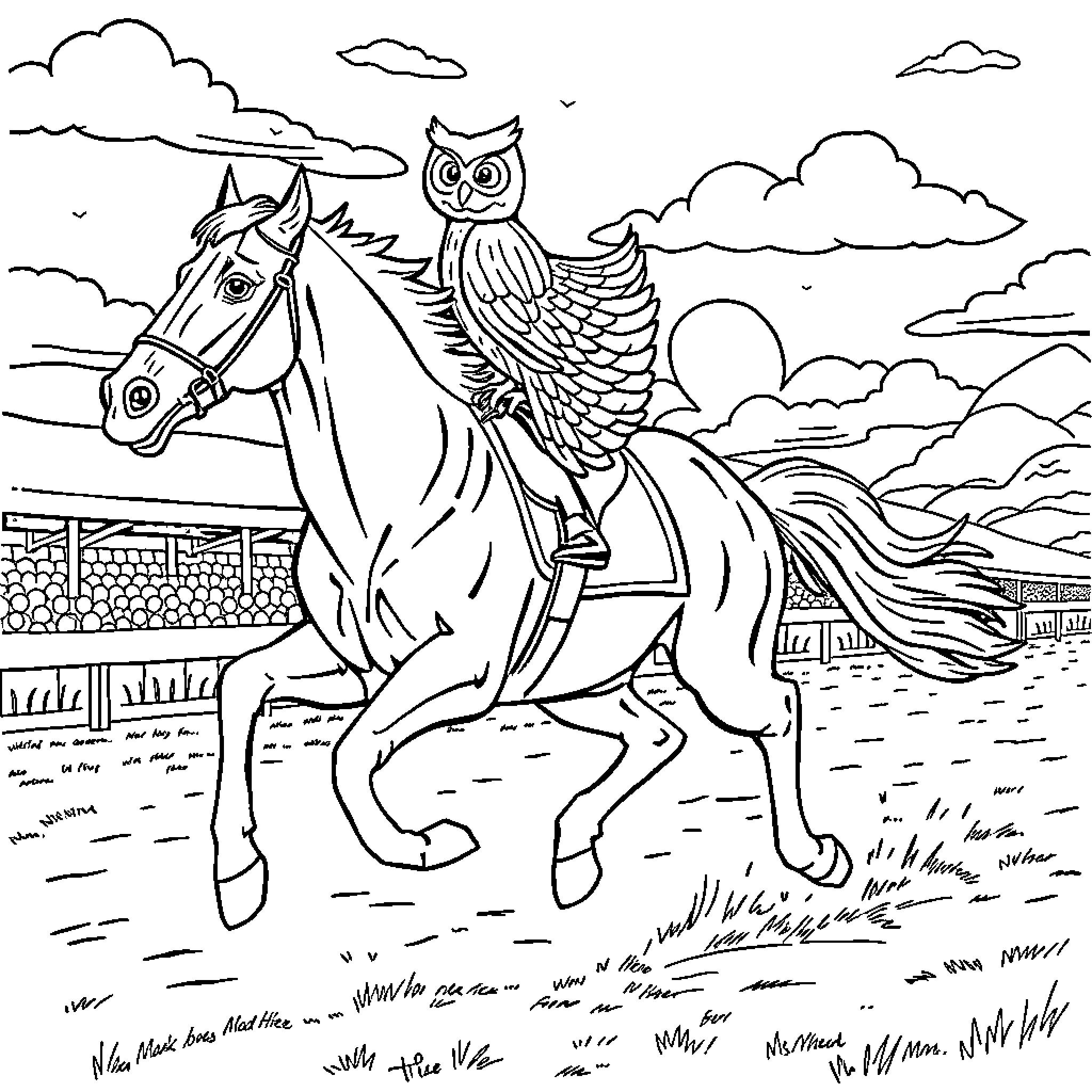 Owl riding a galloping horse across the countryside Coloring Page (free black-and-white line drawing printable PDF for all, from beginners to advanced learners, including children, teens, adults, and seniors)