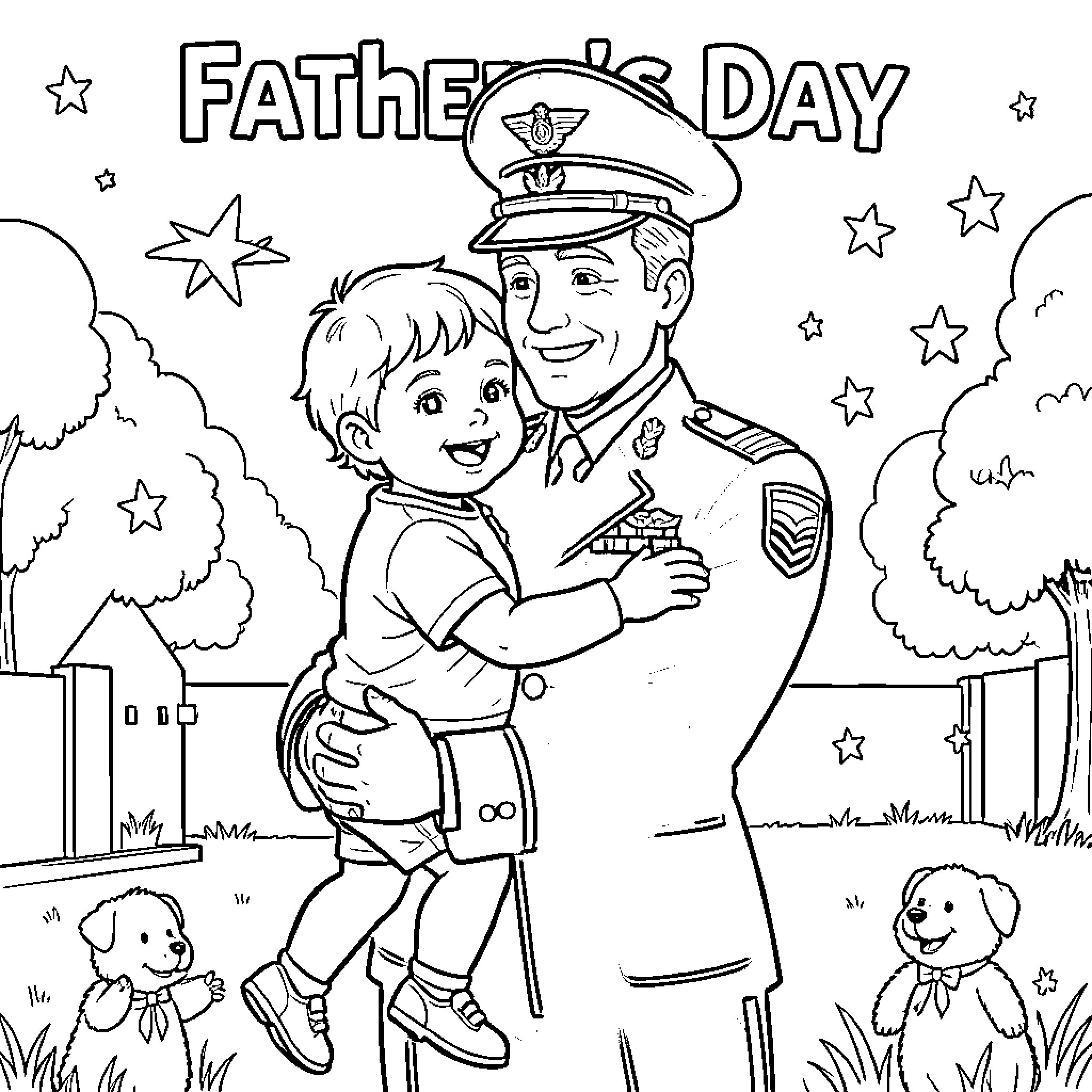 Dad in uniform hugging his young child Coloring Page (free black-and-white line drawing printable PDF for all, from beginners to advanced learners, including children, teens, adults, and seniors)