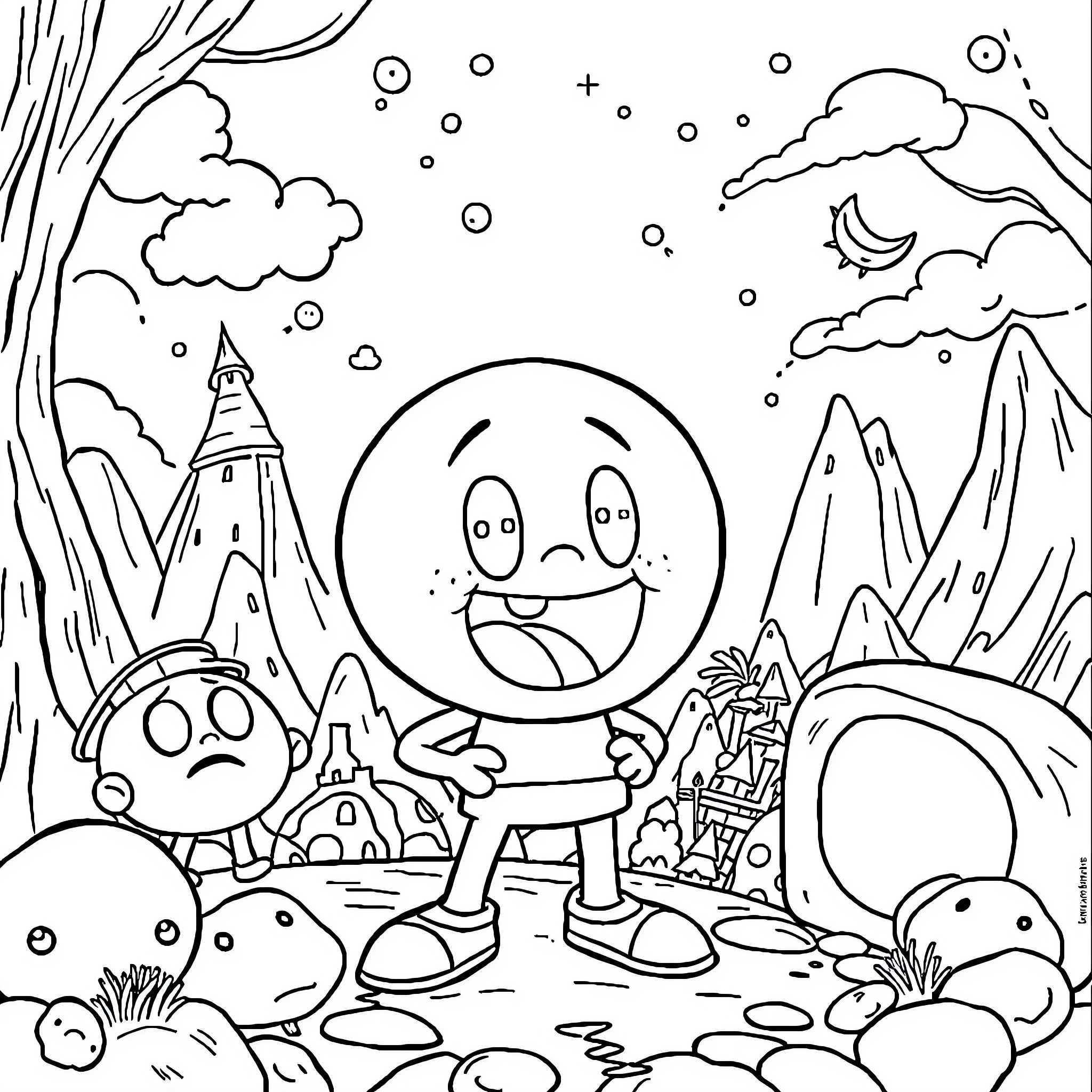 Gumball and Friends' Winter Adventure Coloring Page (free black-and-white line drawing printable PDF for all, from beginners to advanced learners, including children, teens, adults, and seniors)