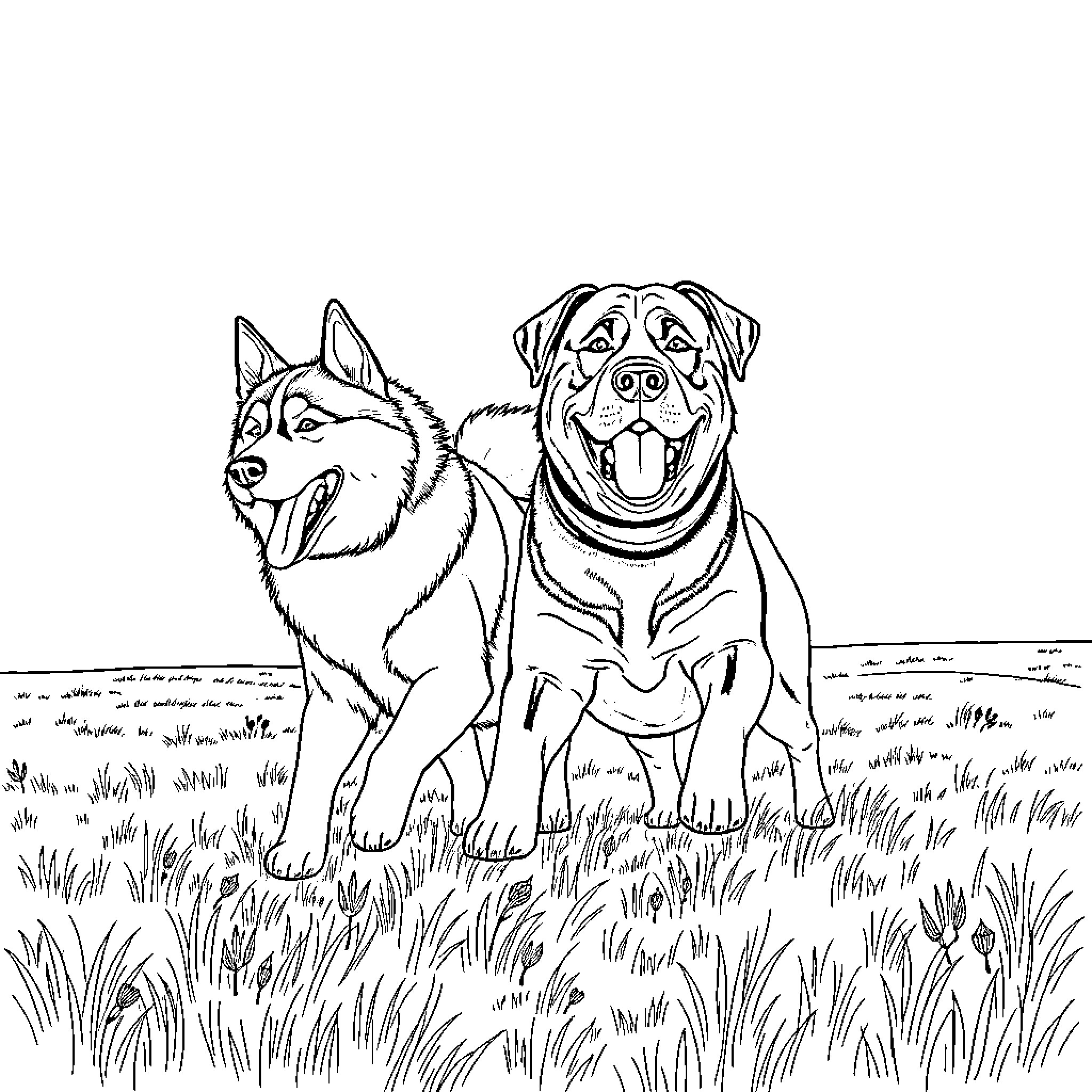 Dog companions in the field Coloring Page (free black-and-white line drawing printable PDF for all, from beginners to advanced learners, including children, teens, adults, and seniors)