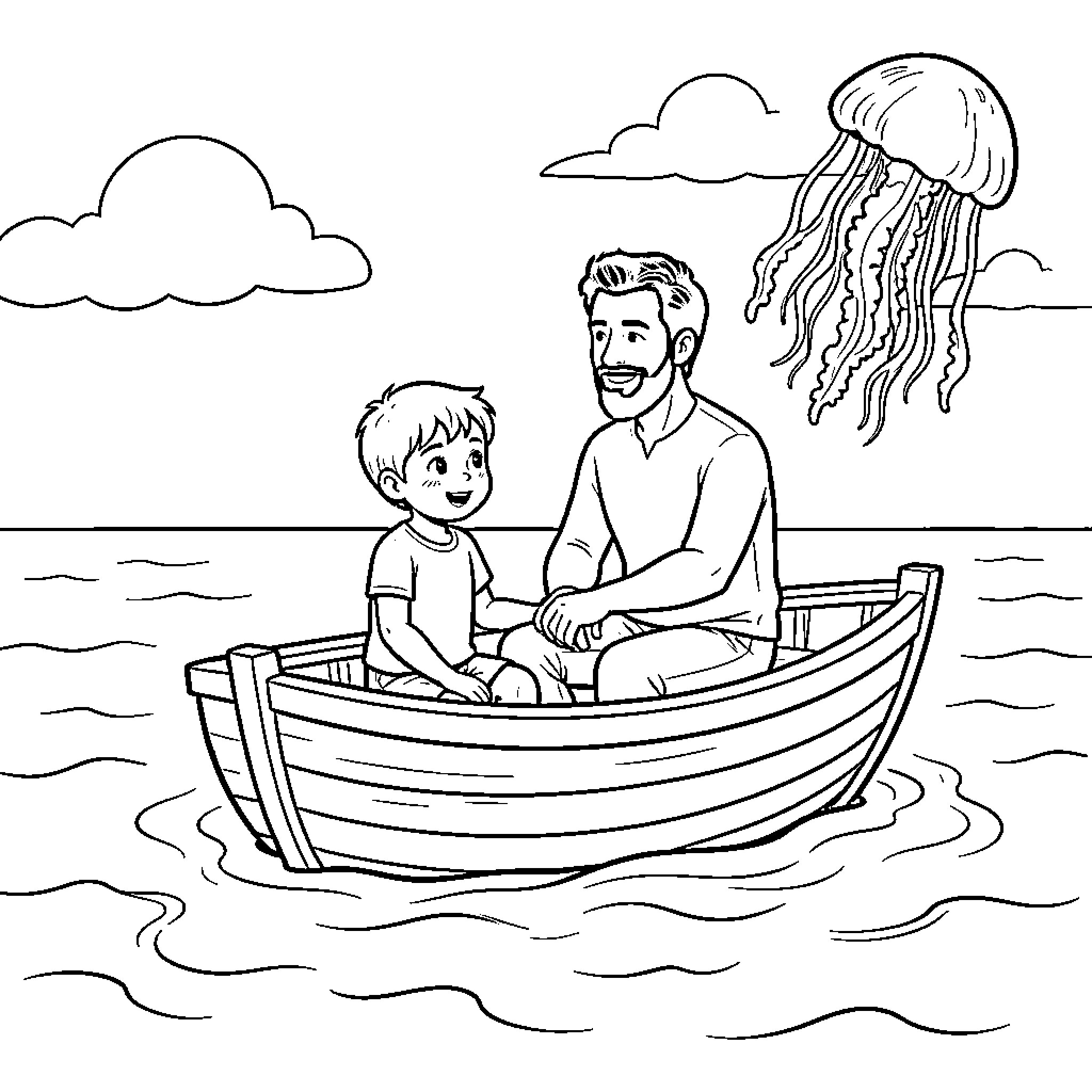 Niño enjoys boat ride with father on the sea Coloring Page (free black-and-white line drawing printable PDF for all, from beginners to advanced learners, including children, teens, adults, and seniors)