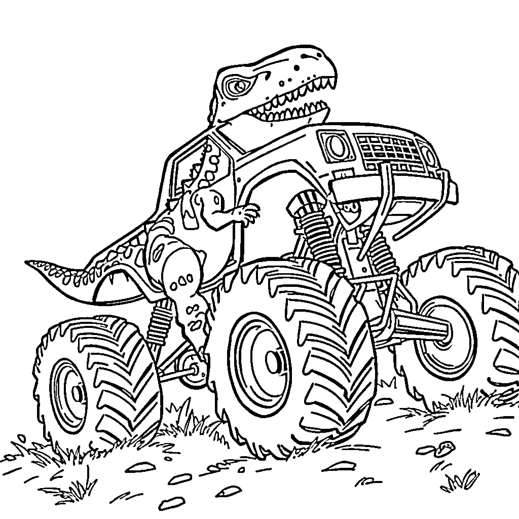 Dinosaur driving a monster truck through the wilderness Coloring Page (free black-and-white line drawing printable PDF for all, from beginners to advanced learners, including children, teens, adults, and seniors)