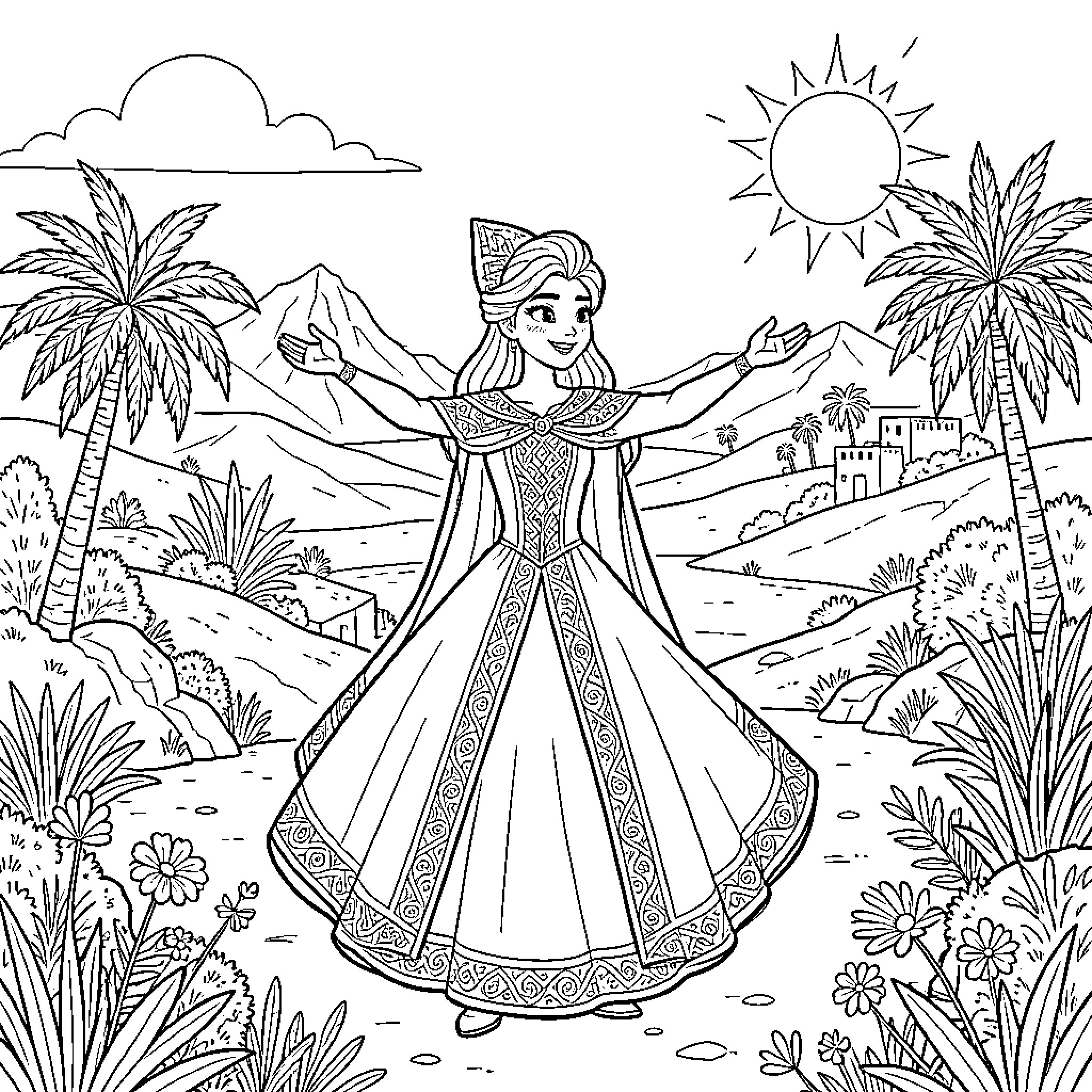 Elsa standing with open arms in a tropical landscape Coloring Page (free black-and-white line drawing printable PDF for all, from beginners to advanced learners, including children, teens, adults, and seniors)