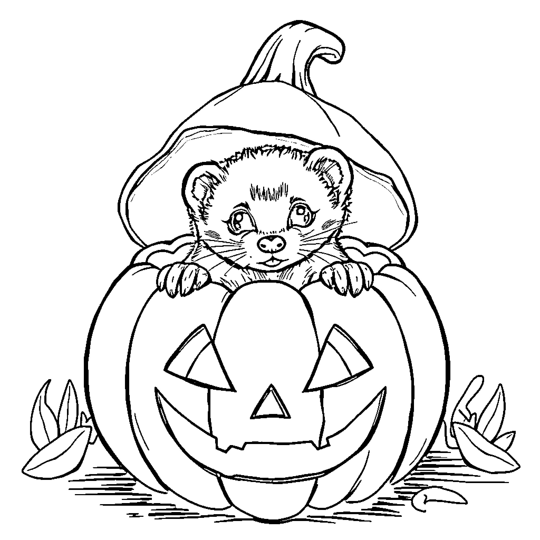 Ferret peeking out from a Halloween pumpkin Coloring Page (free black-and-white line drawing printable PDF for all, from beginners to advanced learners, including children, teens, adults, and seniors)