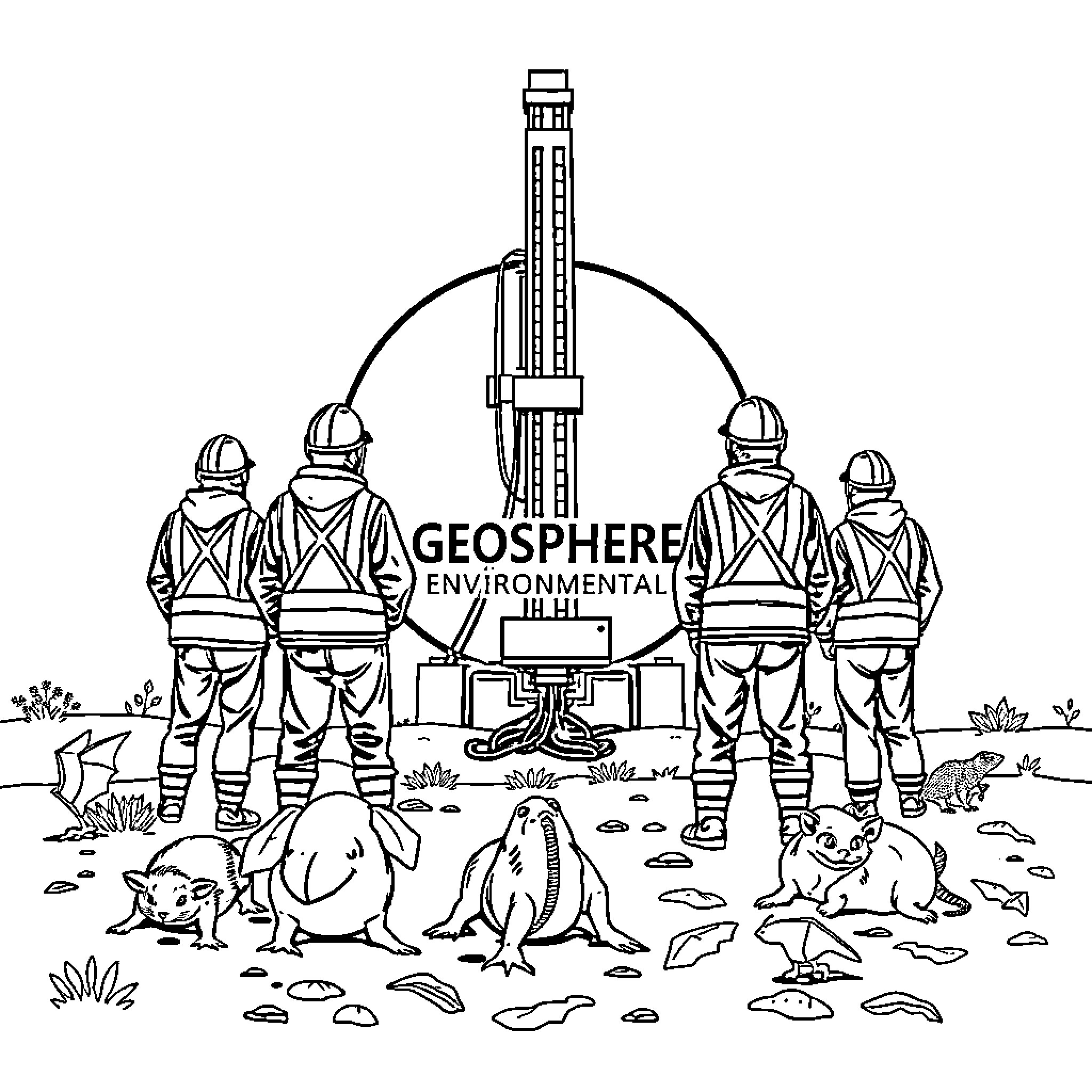 Geosphere: Environmental Exploration in Protective Gear Coloring Page (free black-and-white line drawing printable PDF for all, from beginners to advanced learners, including children, teens, adults, and seniors)