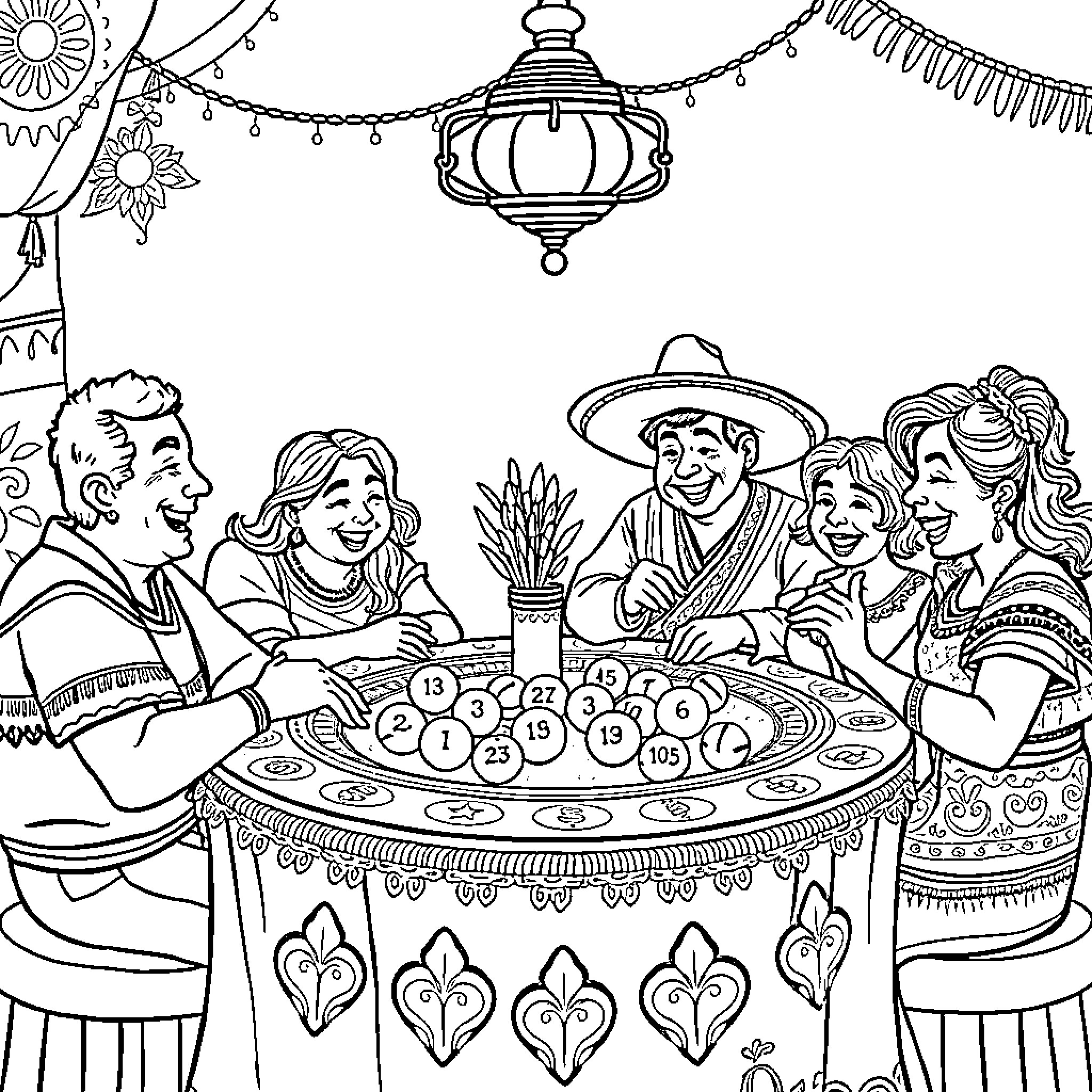 Family Enjoying Festive Celebration Together Coloring Page (free black-and-white line drawing printable PDF for all, from beginners to advanced learners, including children, teens, adults, and seniors)