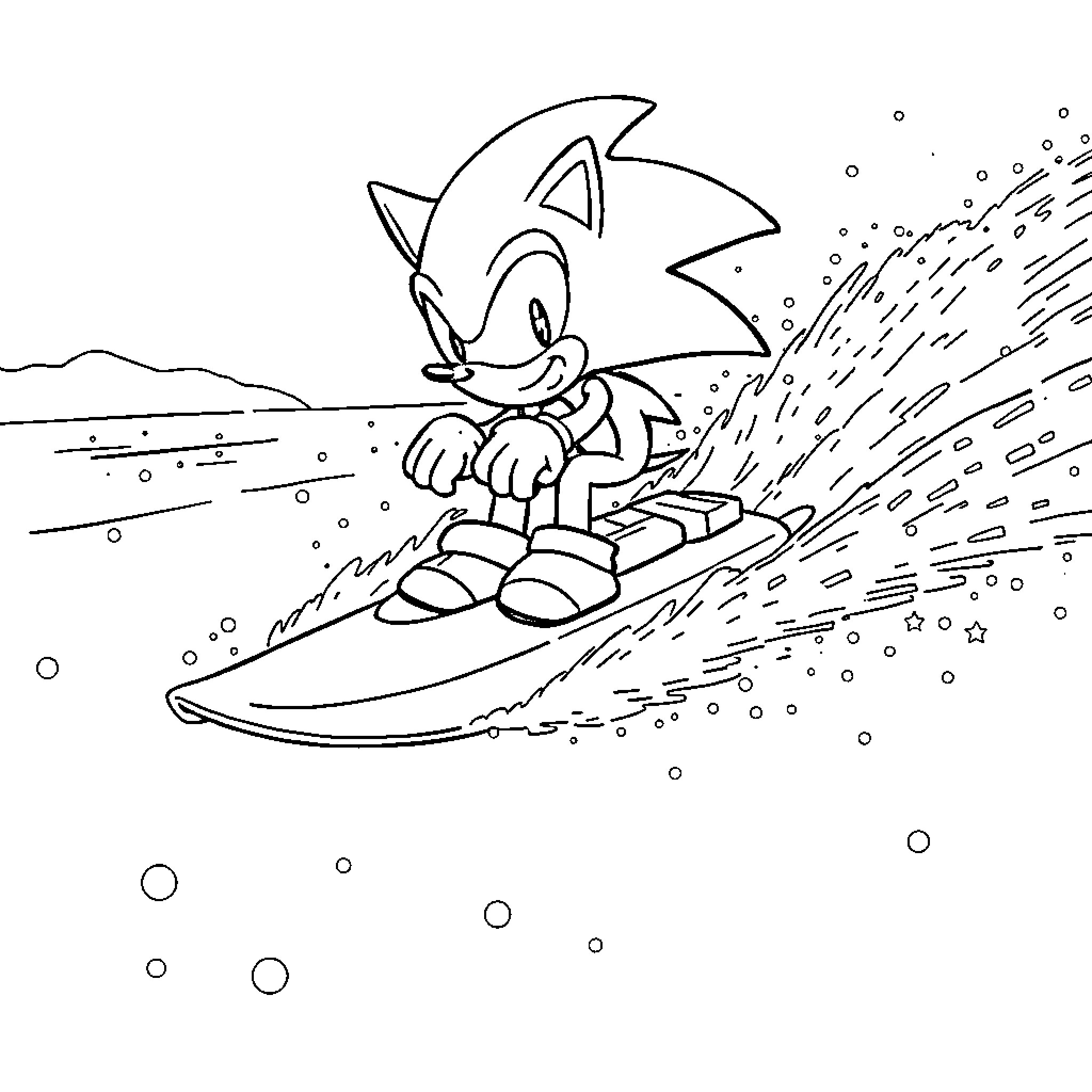 Sonic surfing through waves and splashes Coloring Page (free black-and-white line drawing printable PDF for all, from beginners to advanced learners, including children, teens, adults, and seniors)