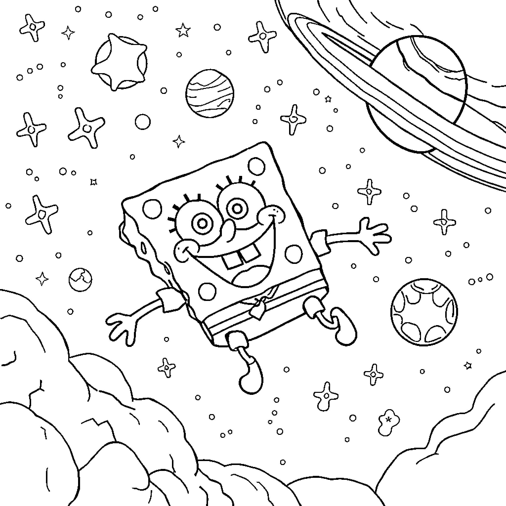 Spongebob floating in cosmic space with planets Coloring Page (free black-and-white line drawing printable PDF for all, from beginners to advanced learners, including children, teens, adults, and seniors)