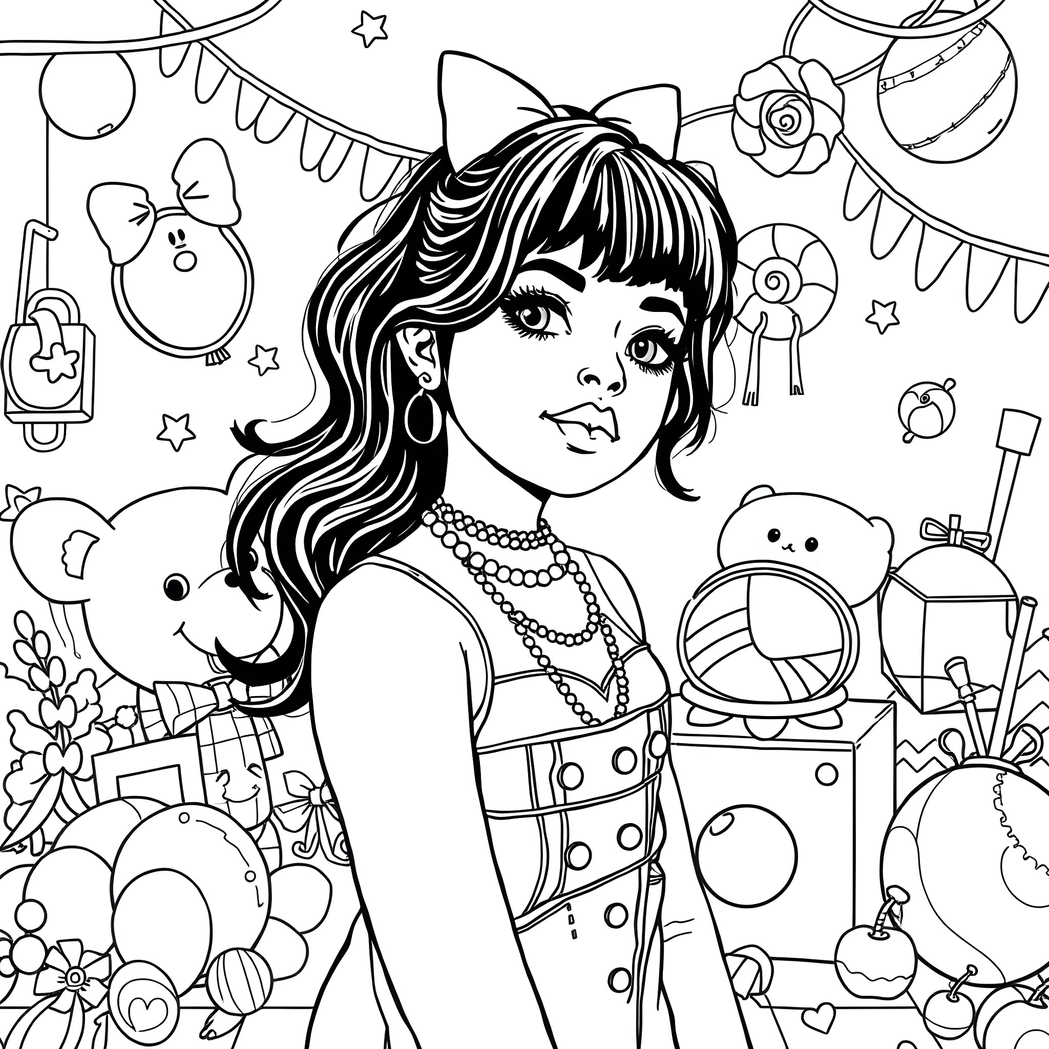 Melanie Martinez - Whimsical Imagination Coloring Page (free black-and-white line drawing printable PDF for all, from beginners to advanced learners, including children, teens, adults, and seniors)