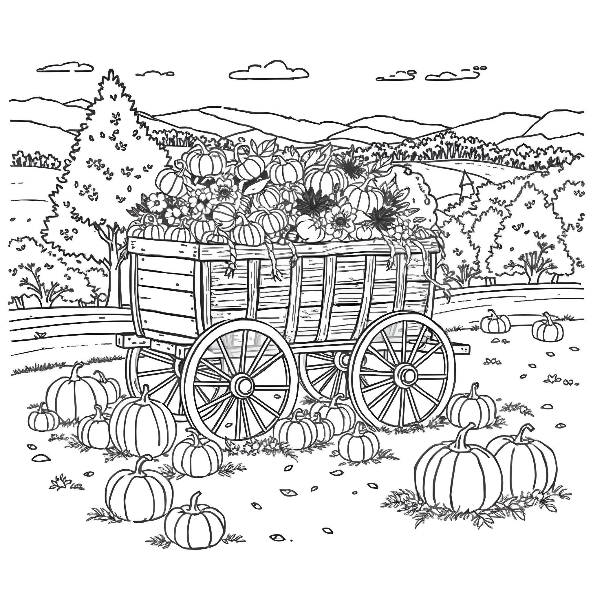 Carriage of Autumn Harvest in the Countryside Coloring Page (free black-and-white line drawing printable PDF for all, from beginners to advanced learners, including children, teens, adults, and seniors)