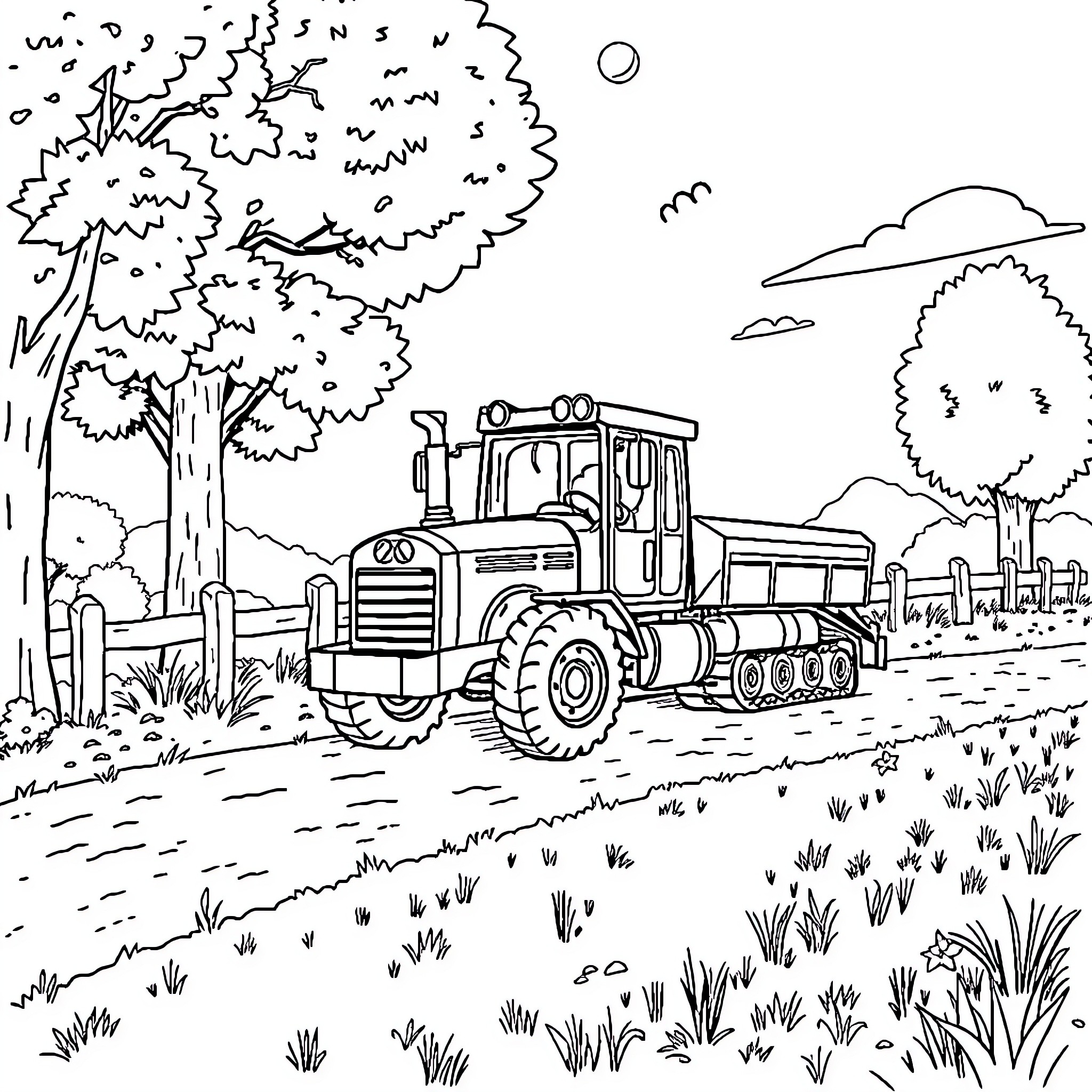 Pat Patrouille tractor working in the countryside Coloring Page (free black-and-white line drawing printable PDF for all, from beginners to advanced learners, including children, teens, adults, and seniors)