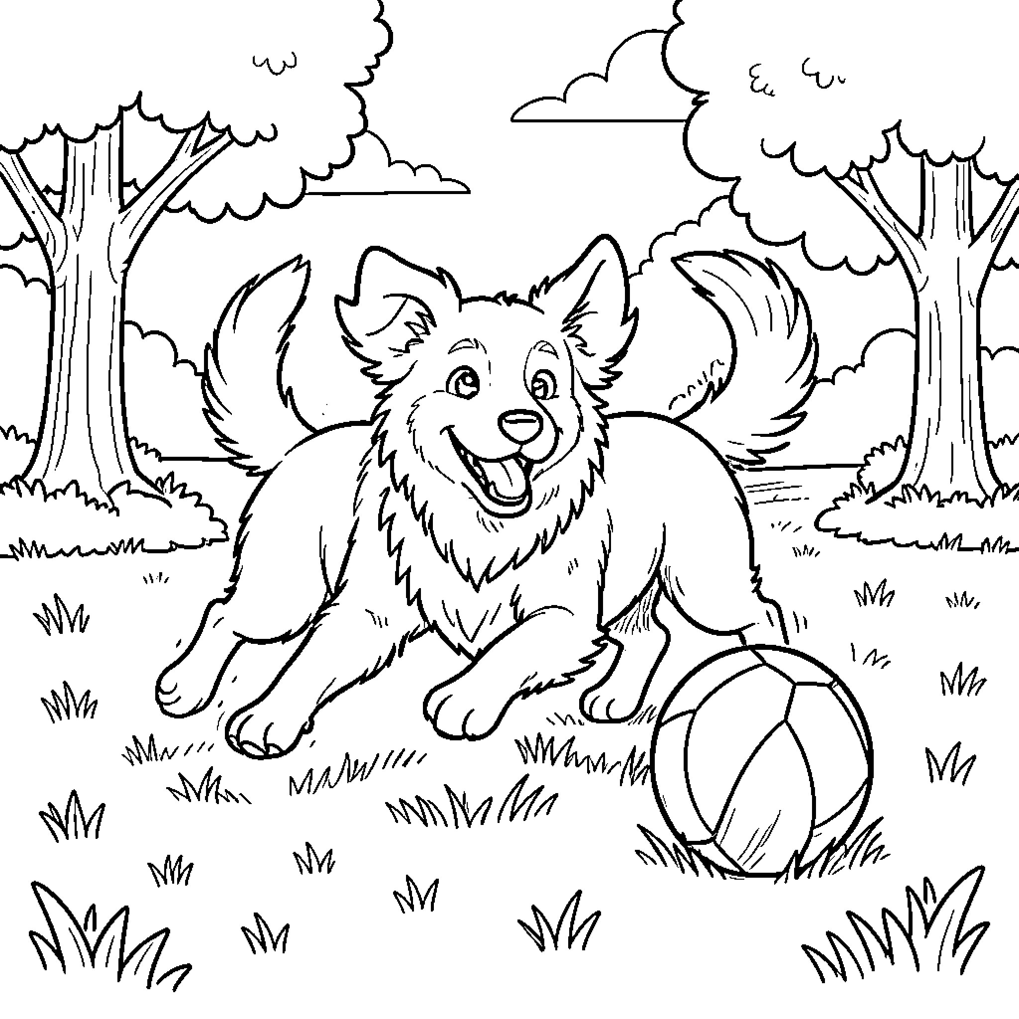 Dog running happily toward a ball in the park Coloring Page (free black-and-white line drawing printable PDF for all, from beginners to advanced learners, including children, teens, adults, and seniors)