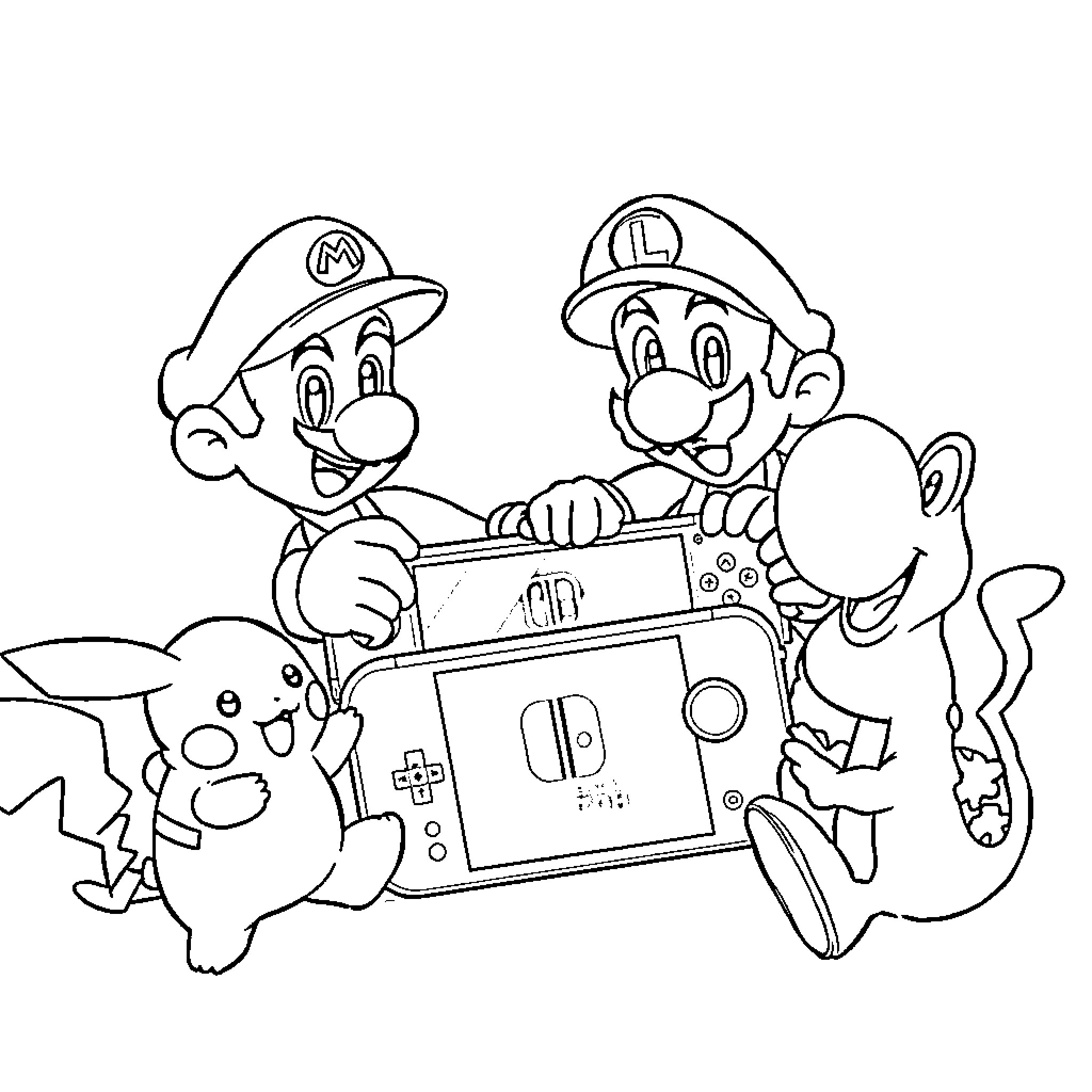Mario and Luigi Playing Video Games with Pikachu Coloring Page (free black-and-white line drawing printable PDF for all, from beginners to advanced learners, including children, teens, adults, and seniors)