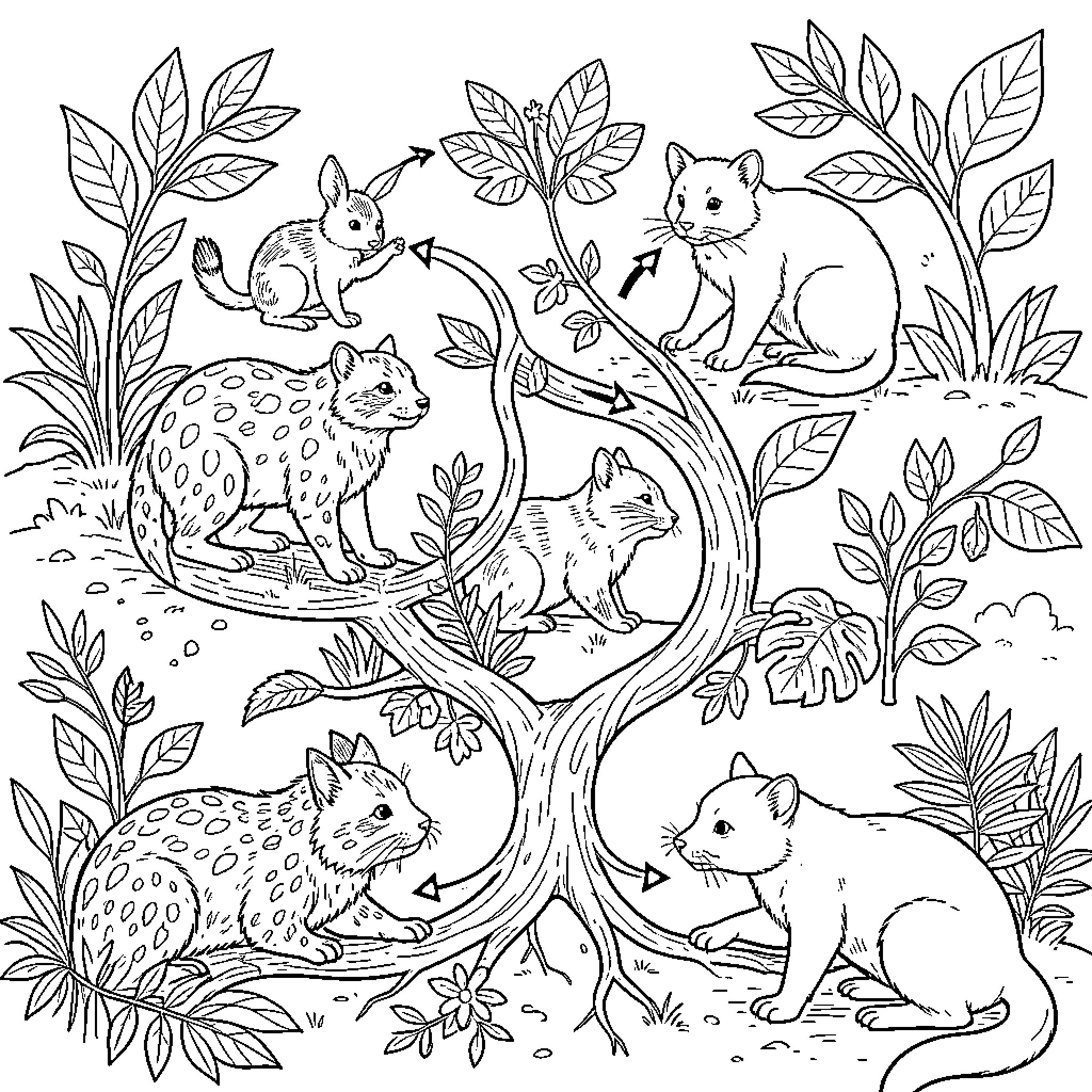 Symbiosis among forest creatures Coloring Page (free black-and-white line drawing printable PDF for all, from beginners to advanced learners, including children, teens, adults, and seniors)