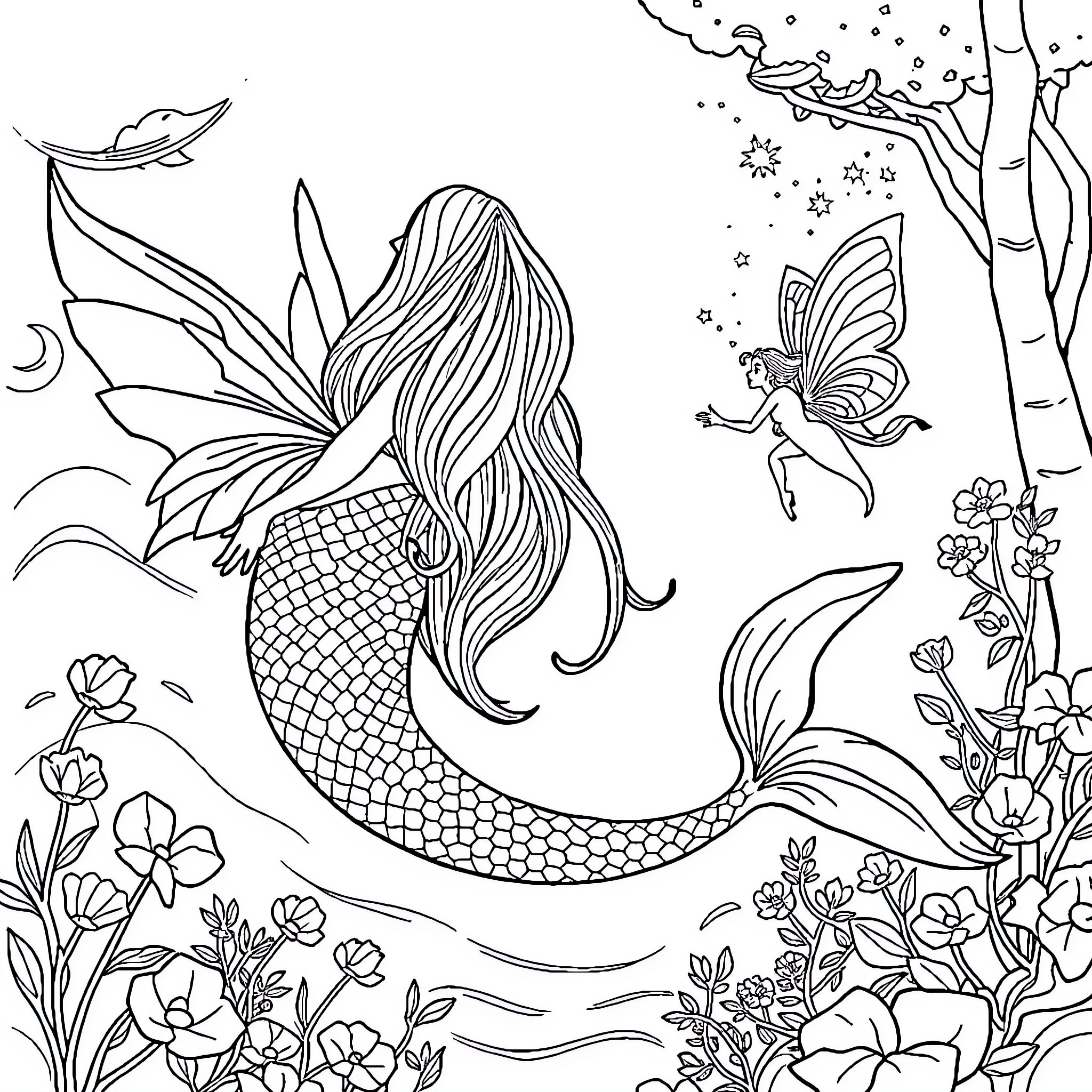 Mermaid floating gracefully among enchanted flora and fauna Coloring Page (free black-and-white line drawing printable PDF for all, from beginners to advanced learners, including children, teens, adults, and seniors)