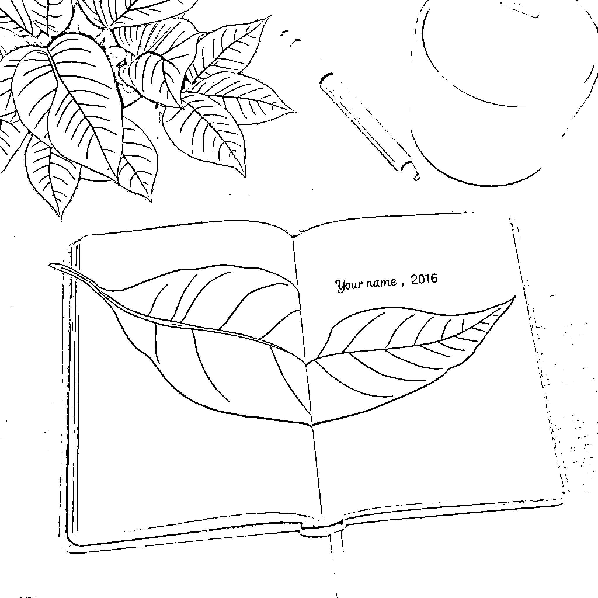 Notebook with nature-inspired leaf illustrations Coloring Page (free black-and-white line drawing printable PDF for all, from beginners to advanced learners, including children, teens, adults, and seniors)