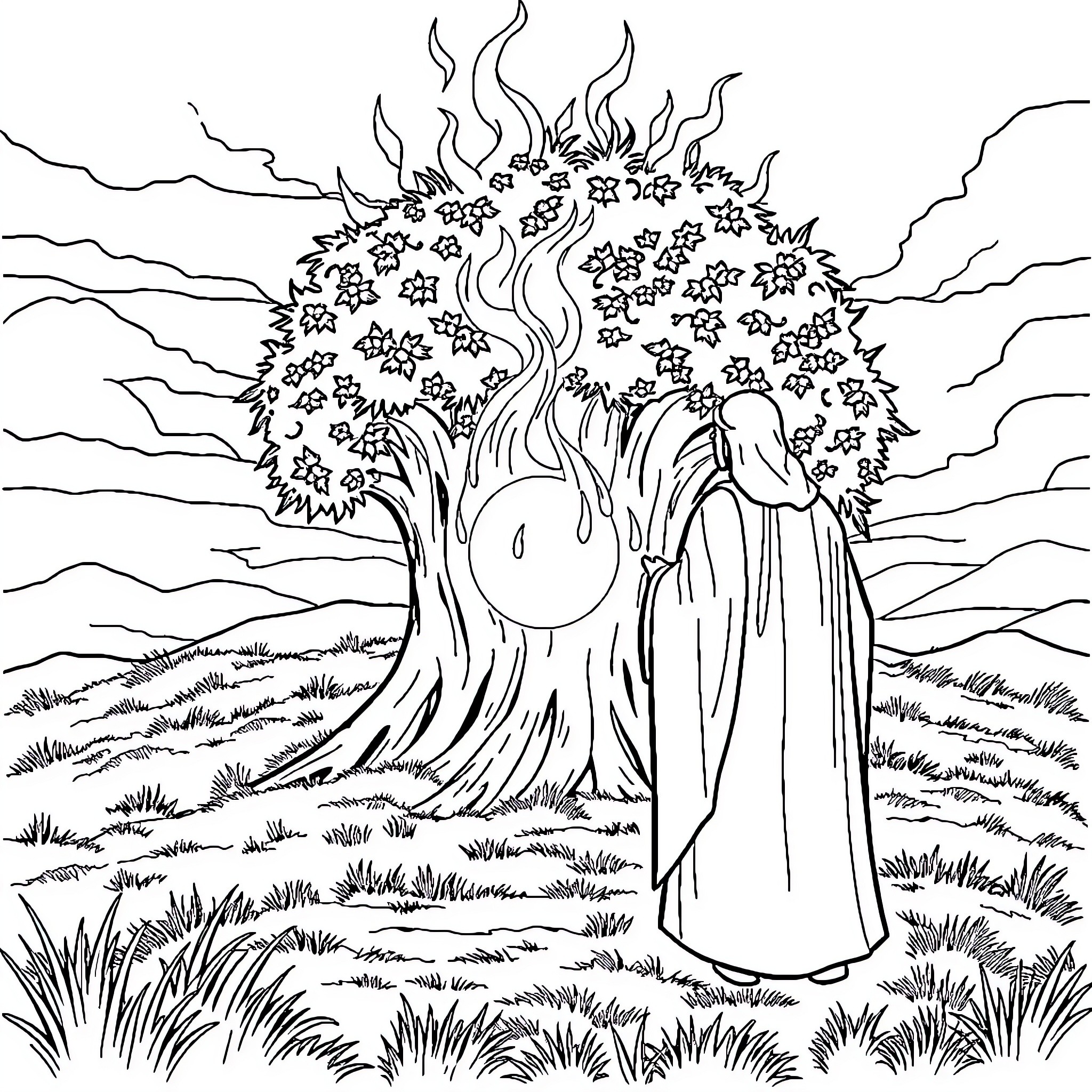 Moses Encounters the Burning Bush Coloring Page (free black-and-white line drawing printable PDF for all, from beginners to advanced learners, including children, teens, adults, and seniors)