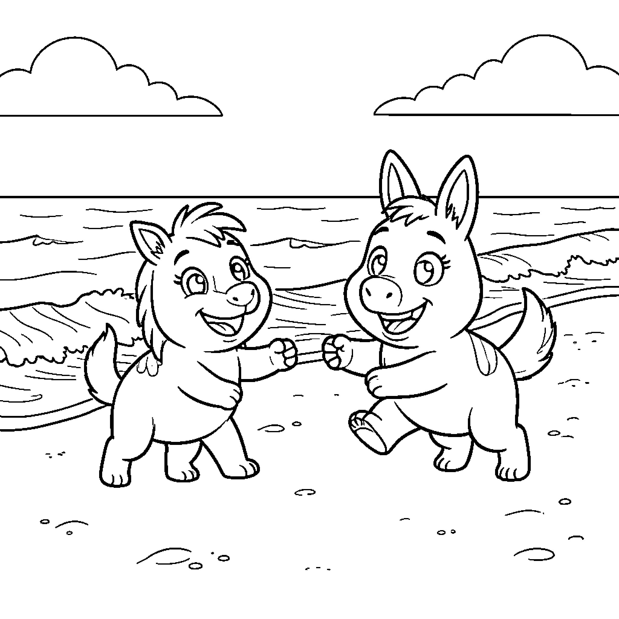 Bingo two happy puppies playing on the beach Coloring Page (free black-and-white line drawing printable PDF for all, from beginners to advanced learners, including children, teens, adults, and seniors)