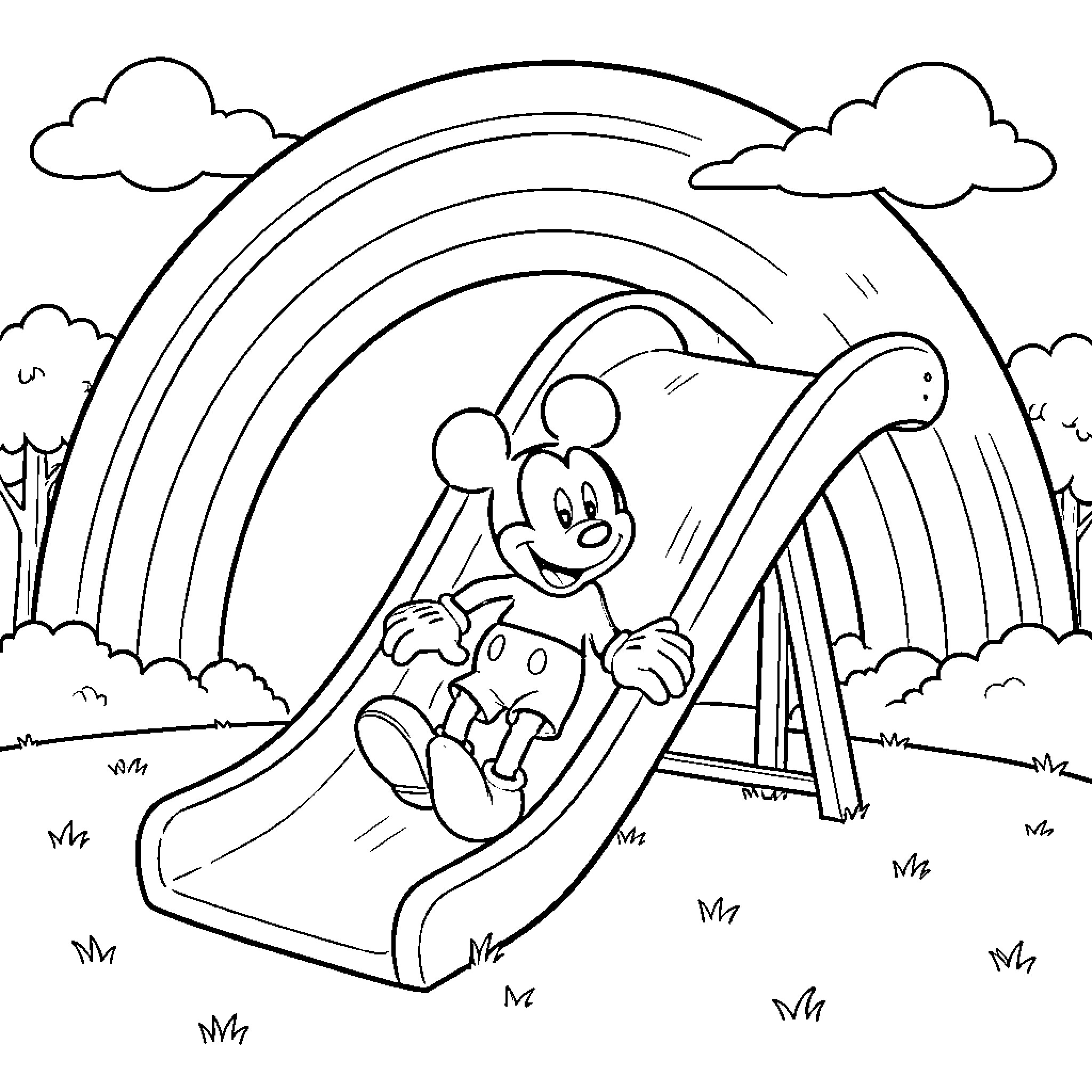 Mickey Mouse sliding down a playground slide Coloring Page (free black-and-white line drawing printable PDF for all, from beginners to advanced learners, including children, teens, adults, and seniors)