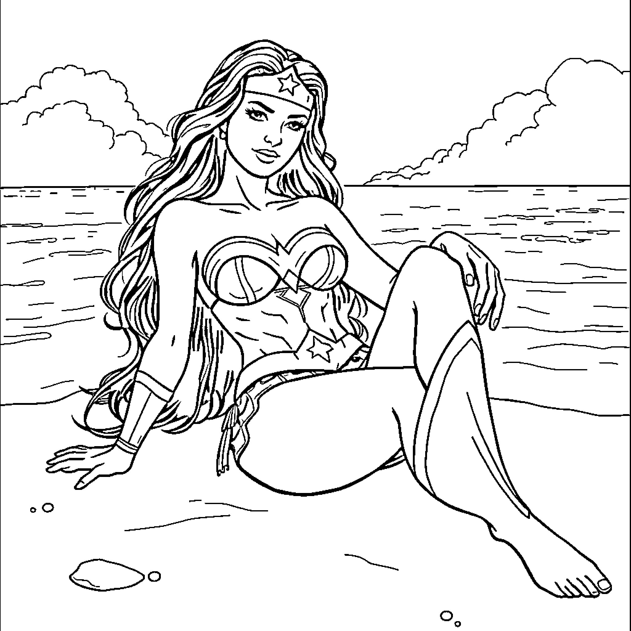Wonder Woman relaxing on the beach Coloring Page (free black-and-white line drawing printable PDF for all, from beginners to advanced learners, including children, teens, adults, and seniors)