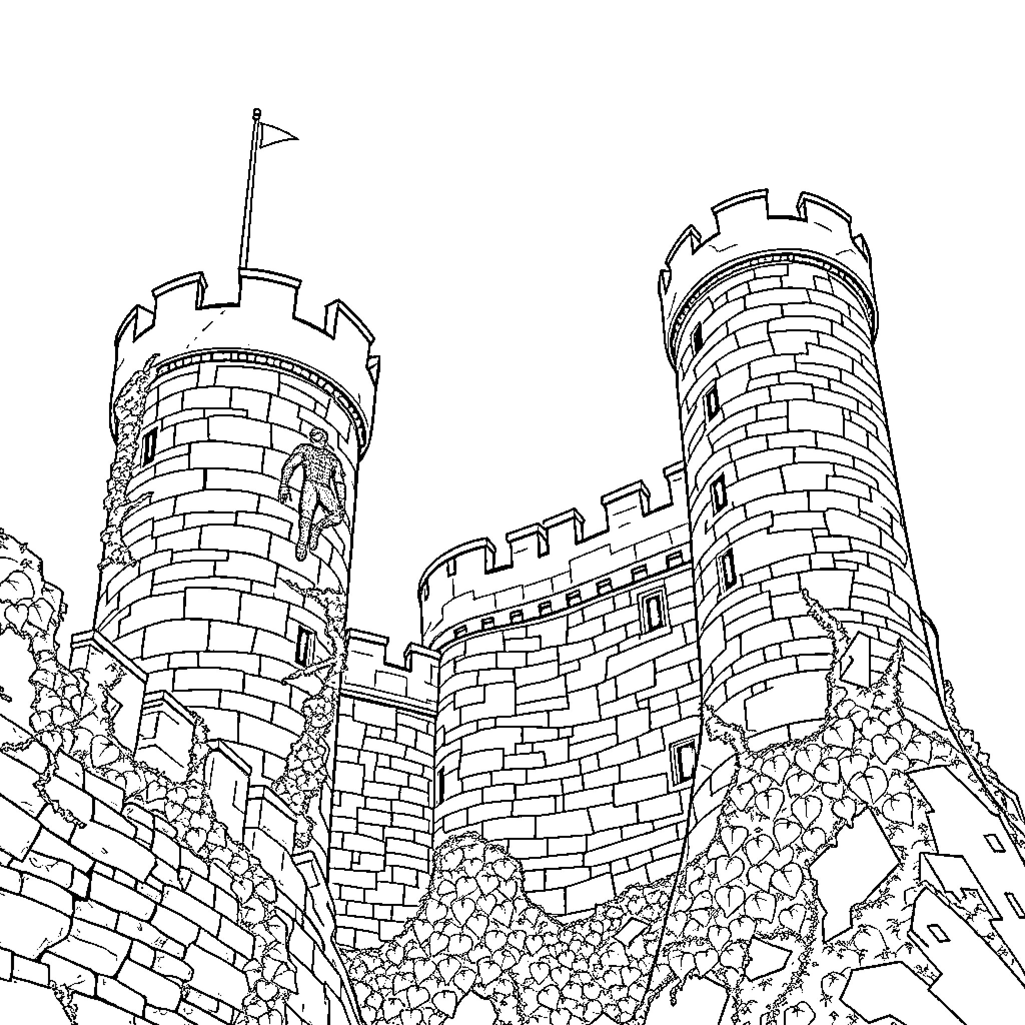 Spiderman navigates the medieval castle towers Coloring Page (free black-and-white line drawing printable PDF for all, from beginners to advanced learners, including children, teens, adults, and seniors)