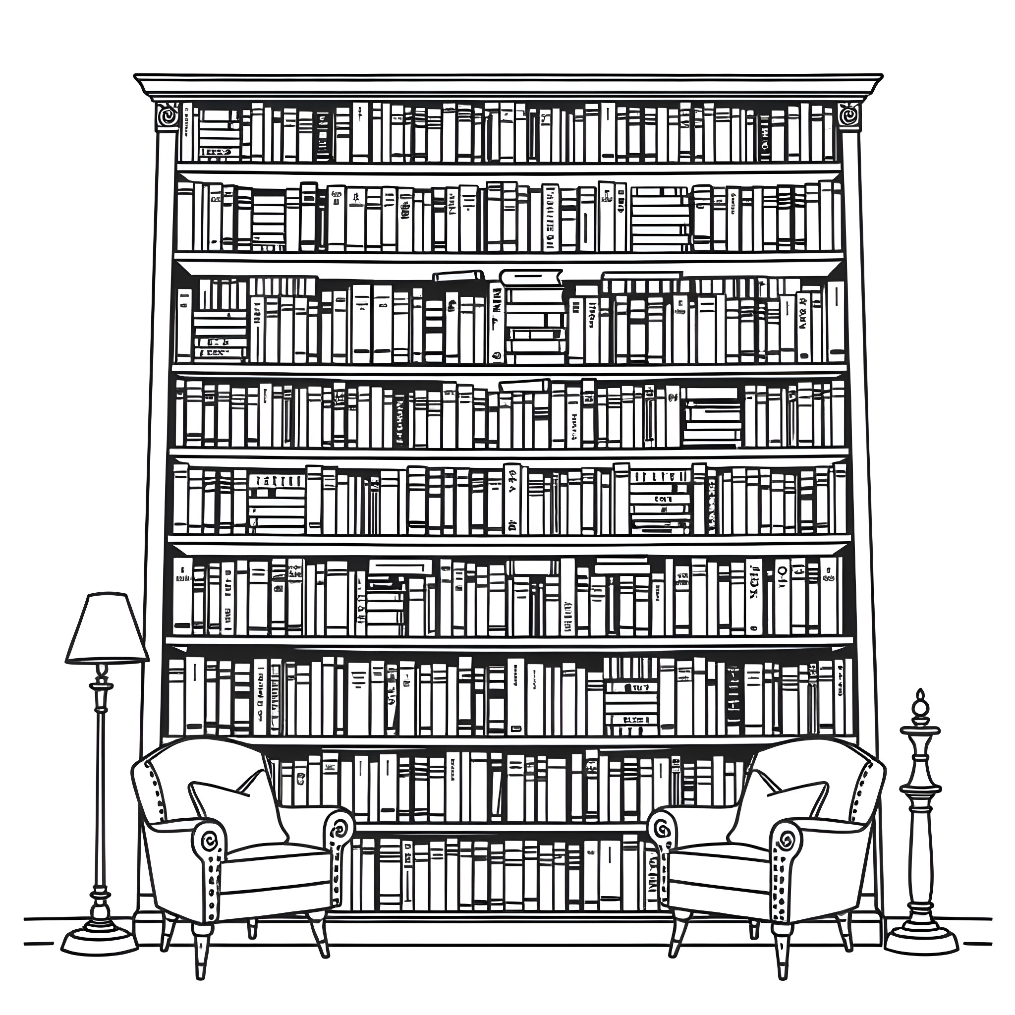 Book Collection in Elegant Library Interior Coloring Page (free black-and-white line drawing printable PDF for all, from beginners to advanced learners, including children, teens, adults, and seniors)