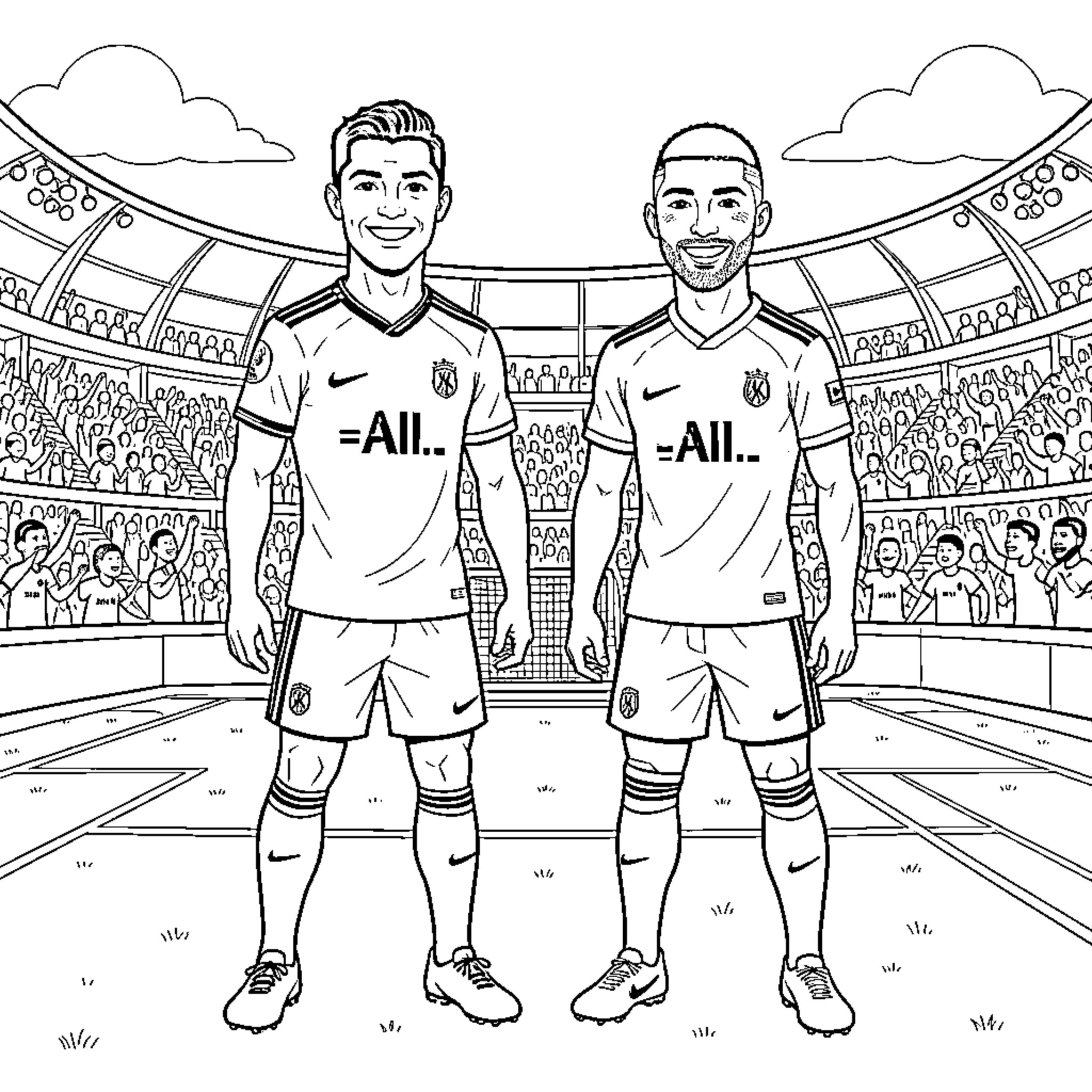 Ronaldo and teammate smiling in a soccer stadium Coloring Page (free black-and-white line drawing printable PDF for all, from beginners to advanced learners, including children, teens, adults, and seniors)
